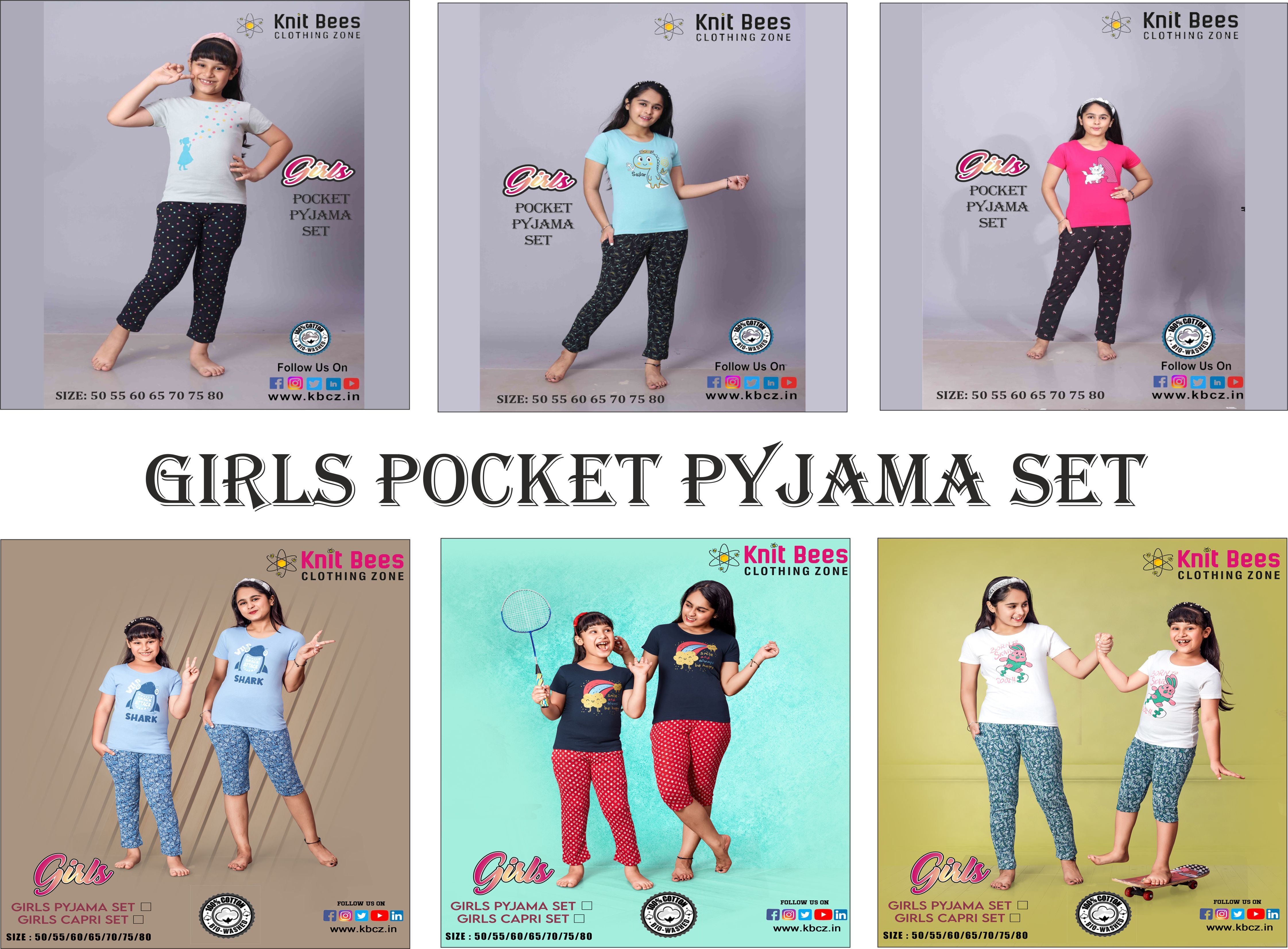 Girls Pocket Pyjama Set - Cotton Jersey, Age 1-14, Multi-color 6 Sets, Printed Pattern, Short Sleeves, Ideal For Rainy & Summer Seasons