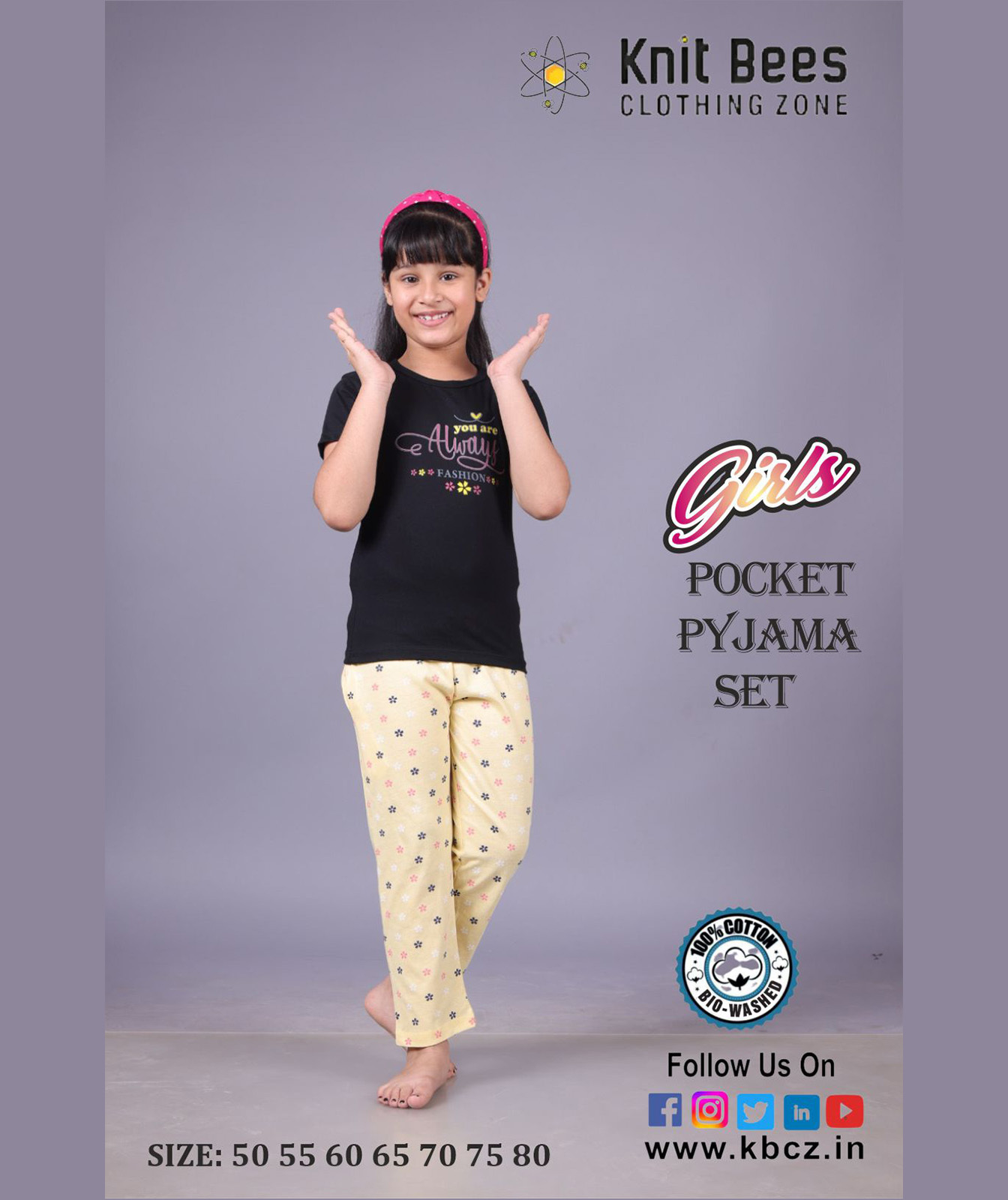Girls Pocket Pyjama Set - Cotton Jersey, Age 1-14, Multi-color 6 Sets, Printed Pattern, Short Sleeves, Ideal For Rainy & Summer Seasons