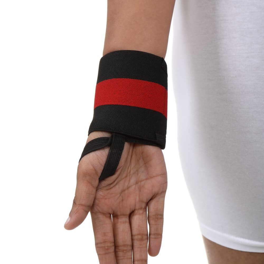 Wrist Band With Thumb Loop - Rubber Material, Universal Size, Red & Black Color | Provides Wrist Support, Portable For Gym And Weight Lifting