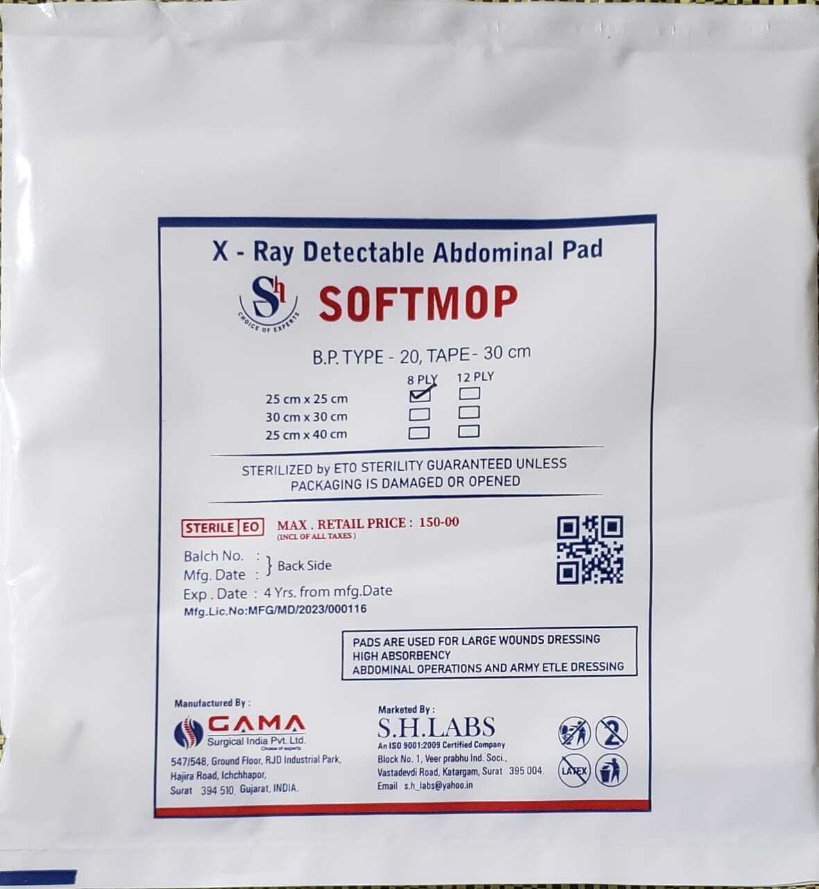 Soft Mop - Cotton, 25cm X 25cm & 30cm X 30cm, White, 8ply & 12ply With X-ray Detectable Thread, Sterilized By Eto, Disposable Non-woven Abdominal Pad