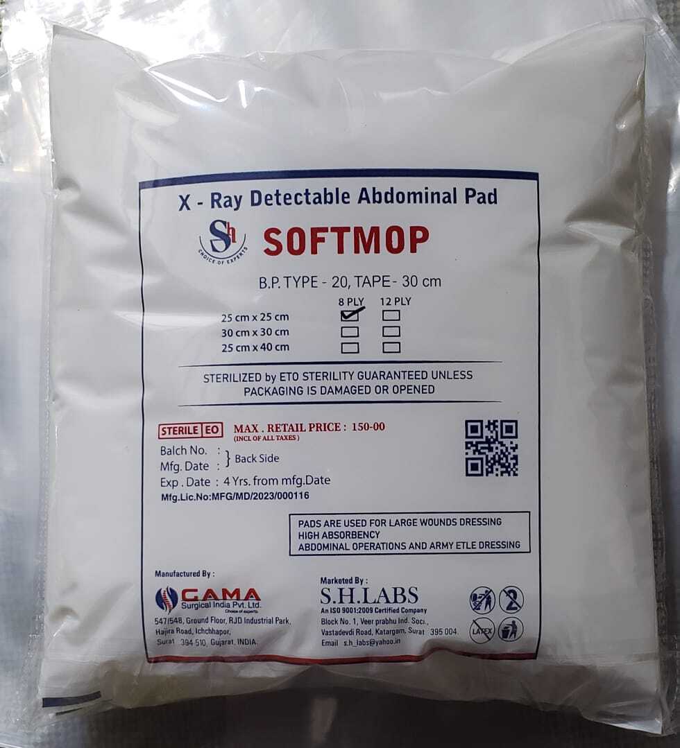 Soft Mop - Cotton, 25cm X 25cm & 30cm X 30cm, White, 8ply & 12ply With X-ray Detectable Thread, Sterilized By Eto, Disposable Non-woven Abdominal Pad