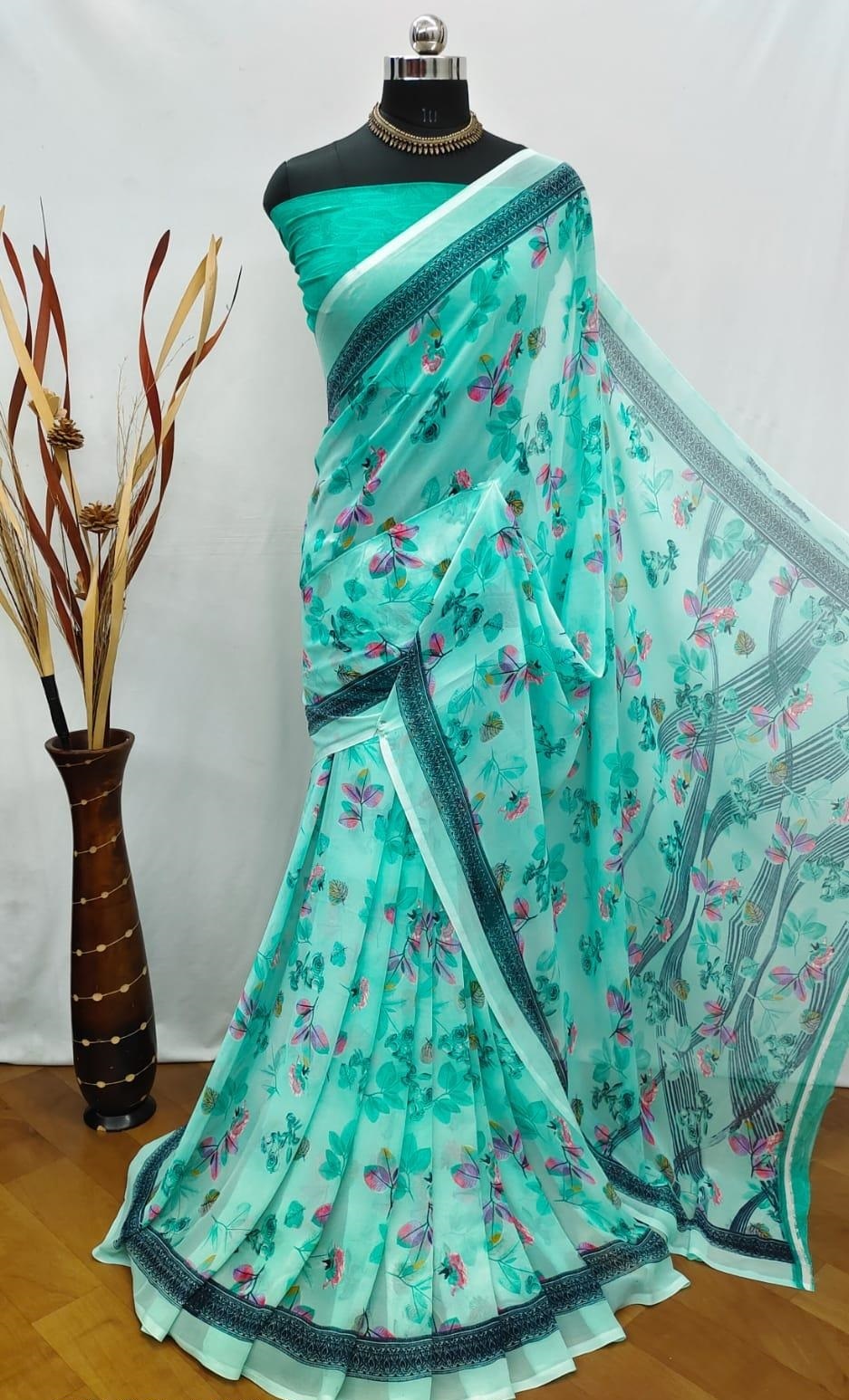 Apple Georgette Saree - 6m Length, 0.8m Blouse Piece | Beautiful Printed Design In Teal, Blue, Yellow, Orange For All Occasions
