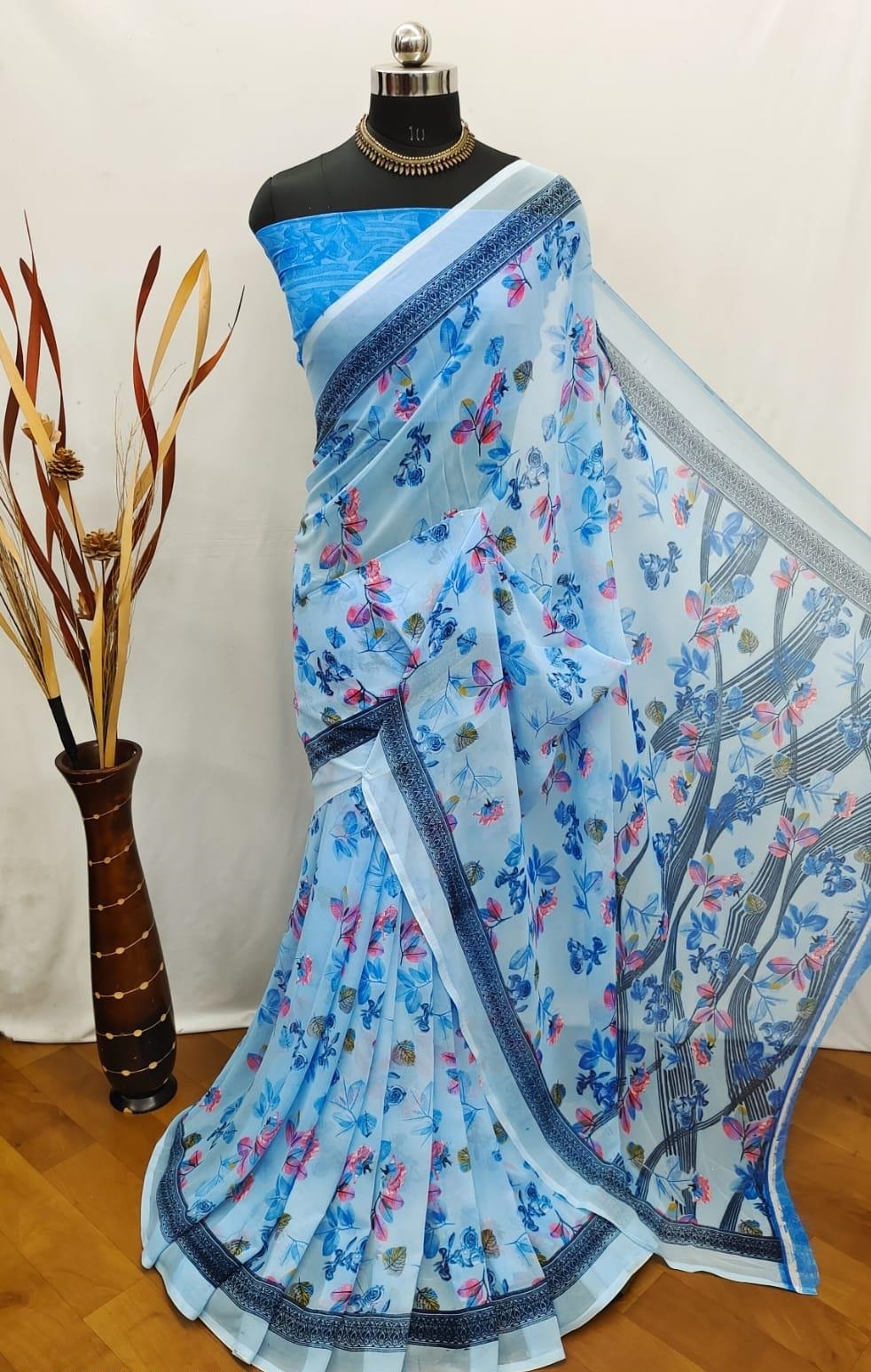 Apple Georgette Saree - 6m Length, 0.8m Blouse Piece | Beautiful Printed Design In Teal, Blue, Yellow, Orange For All Occasions