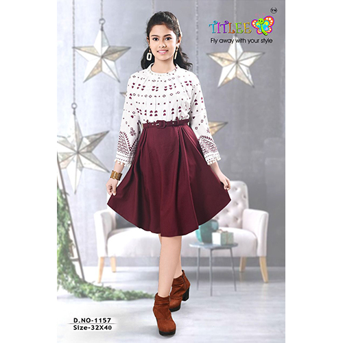 Multicolor Girls White And Maroon Midi Dress