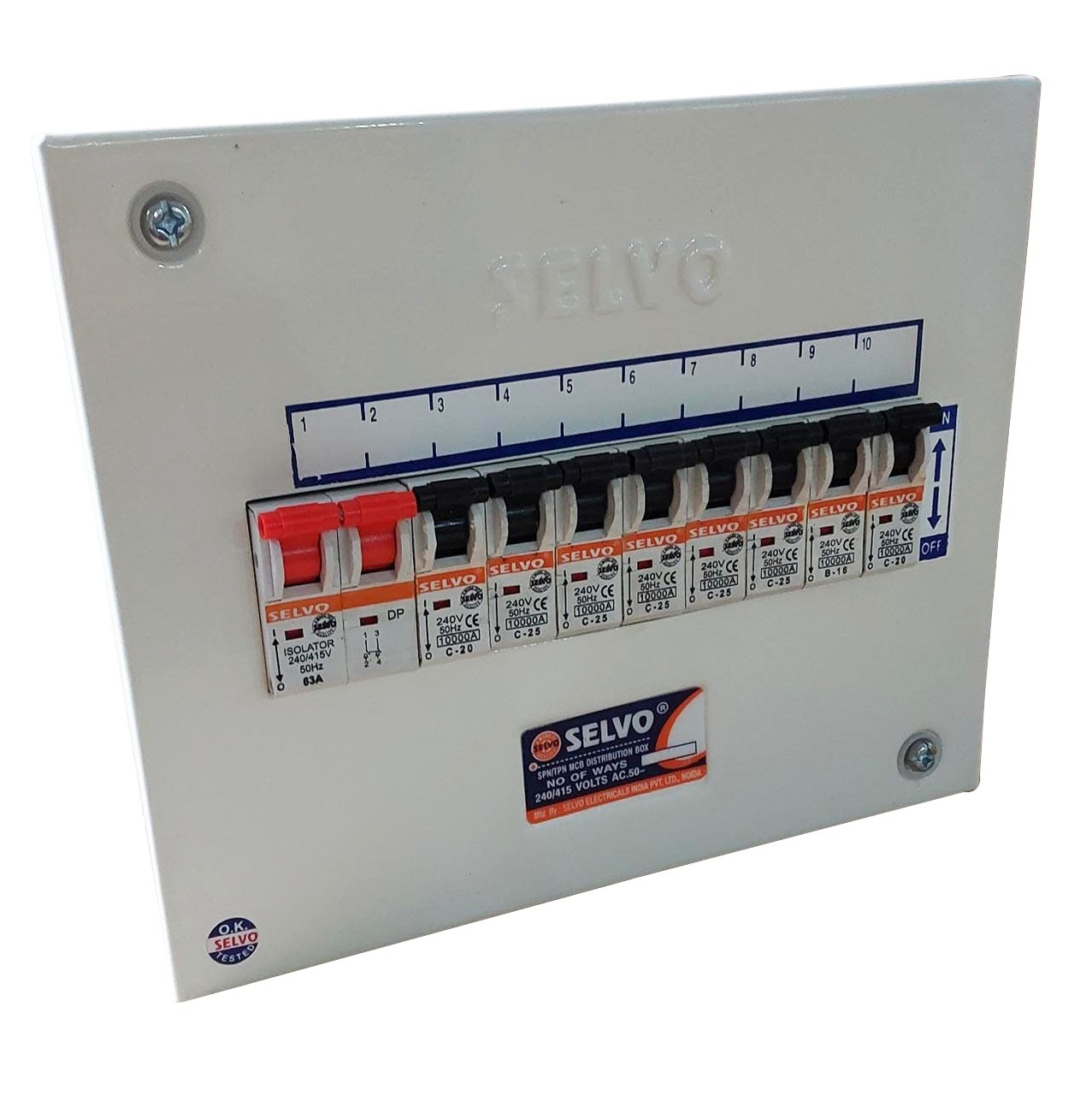 Selvo Distribution Board - 10 Way Spn Single Door, White Plastic Enclosure With Protective Circuit Breakers