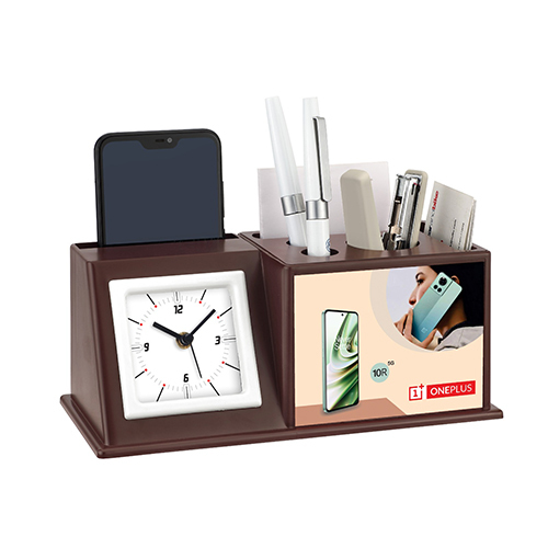 Brown Table Clock Cum Pen Stand