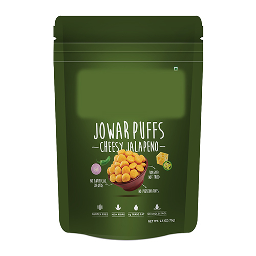 70g Cheesy Jalapeno Jowar Puff - Jowar Flour, Edible Vegetable Oil, Garlic, Onion, Tamarind, Chilli | Gluten-free, Vegetarian-friendly, Spicy Snack