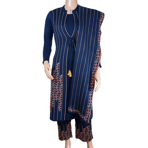 High Comfort Skin Friendly Woolen Kurti Plazzo Set - Color: Blue