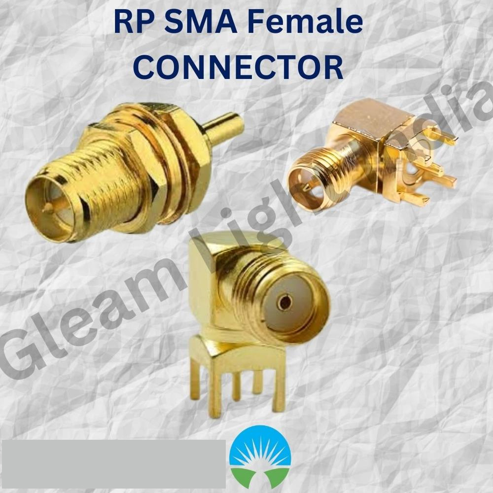 RP SMA Female Connectors - Polished Brass, -40deg C to 85deg C Temperature Range, Gold Contact, 50 Ohm Impedance, Yellow RF Application