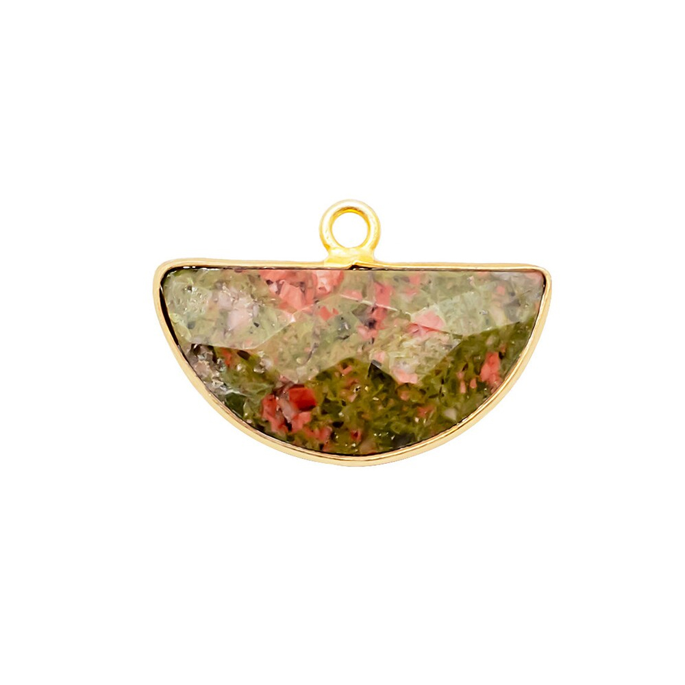 Unakite Gemstone 15x7mm Half Moon Gold Vermeil Bezel Set Charm - Stone Color: Same As Photo
