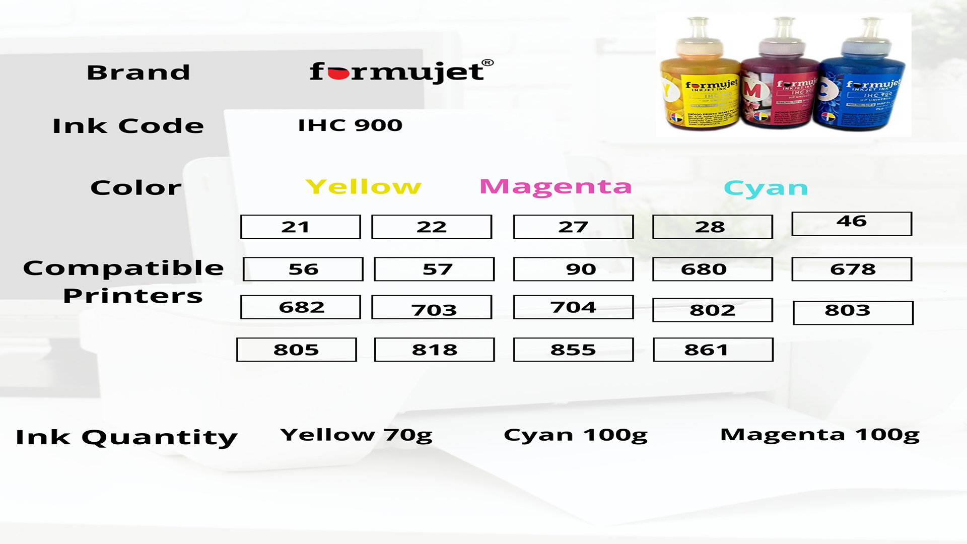 Formujet Ink Ihc 900 (3 X 100ml Colors: Cyan, Magenta, Yellow) - High Quality Digital Ink For Hp Printers, Consistent Vivid Output And Hassle-free Use
