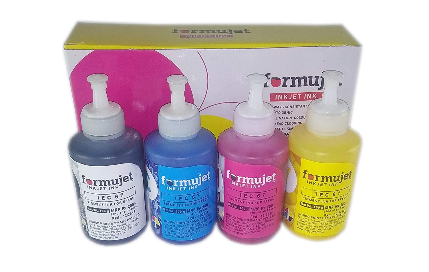 Formujet High Resolution Pigment Ink - 100g Bottles, Cyan, Magenta, Yellow, Black | Consistent Quality, True Nature Colours, Compatible With Epson Printers
