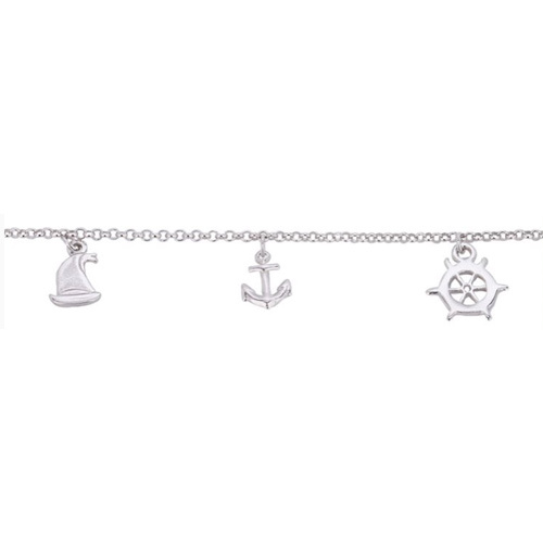 Dangling Nautical Theme Multi Charm Silver Anklet Size: Customized