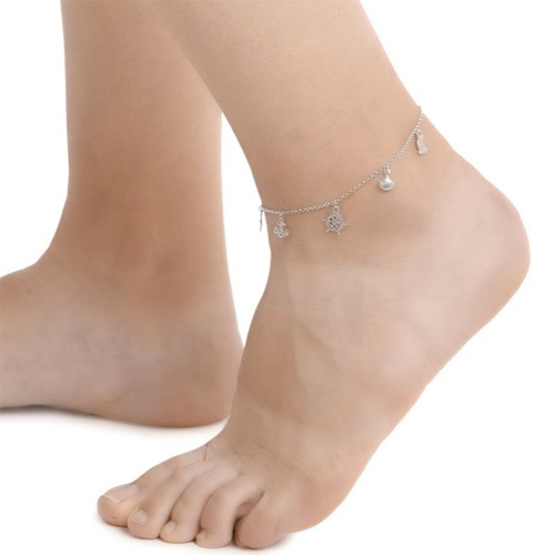 Dangling Nautical Theme Multi Charm Silver Anklet Size: Customized