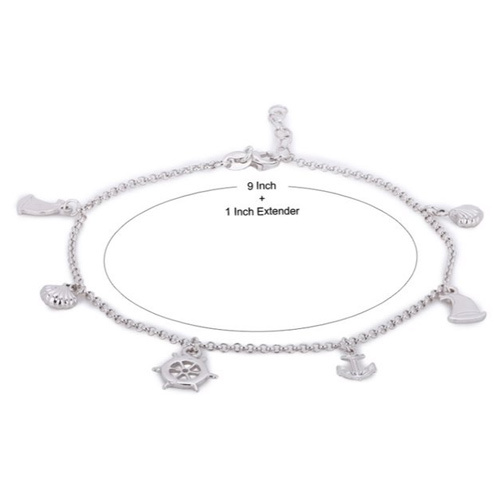Dangling Nautical Theme Multi Charm Silver Anklet Size: Customized