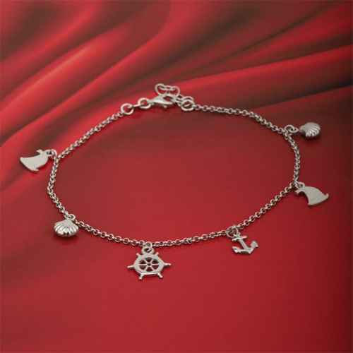 Dangling Nautical Theme Multi Charm Silver Anklet Size: Customized