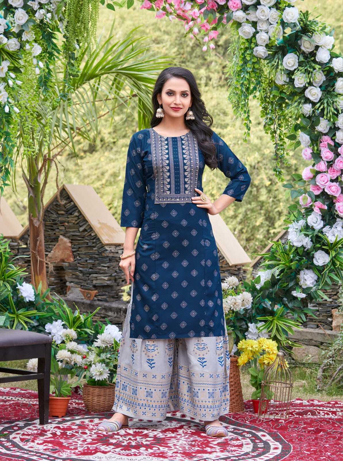Rayon Foil Print Kurti And Gharrara - Color: As Shown In The Catalog