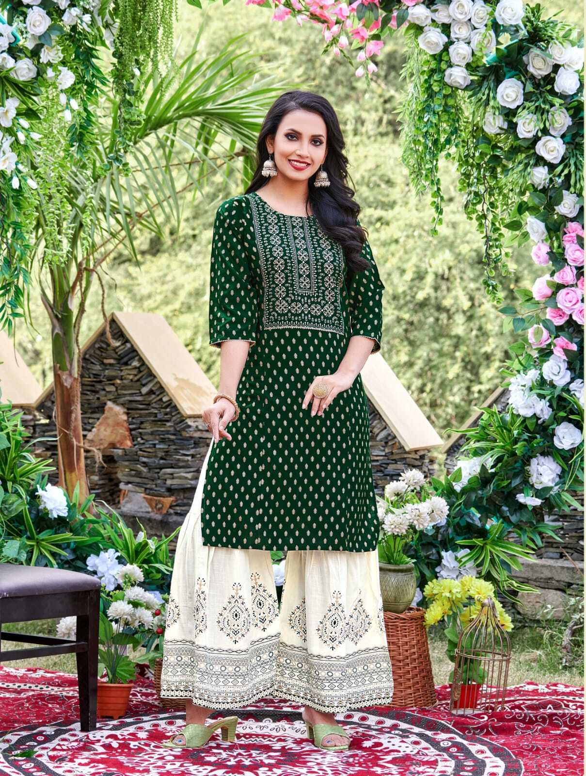 Rayon Foil Print Kurti And Gharrara - Color: As Shown In The Catalog