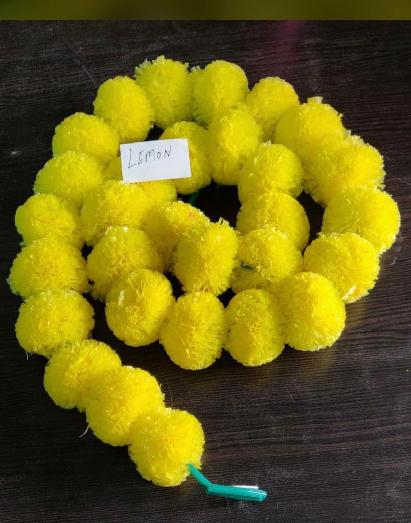 Mrigold Artificial Flower Garland Genda Ladi - Plastic, 5 Feet, Multi-color | Glossy Finish, Decorative Round Shape, Pack Of 5 Strings