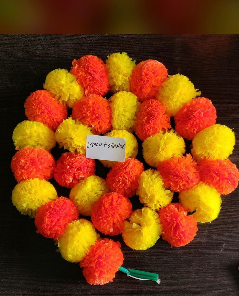 Mrigold Artificial Flower Garland Genda Ladi - Plastic, 5 Feet, Multi-color | Glossy Finish, Decorative Round Shape, Pack Of 5 Strings
