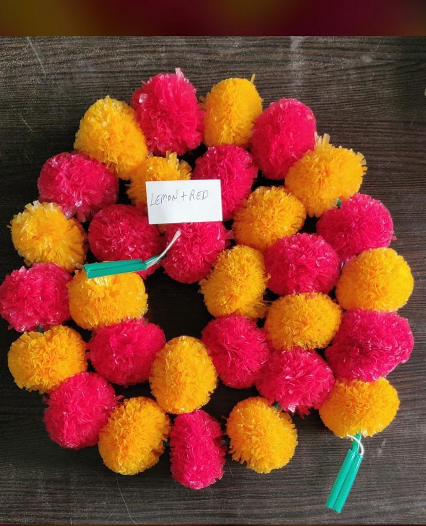 Mrigold Artificial Flower Garland Genda Ladi - Plastic, 5 Feet, Multi-color | Glossy Finish, Decorative Round Shape, Pack Of 5 Strings