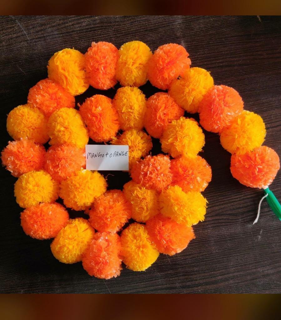 Mrigold Artificial Flower Garland Genda Ladi - Plastic, 5 Feet, Multi-color | Glossy Finish, Decorative Round Shape, Pack Of 5 Strings