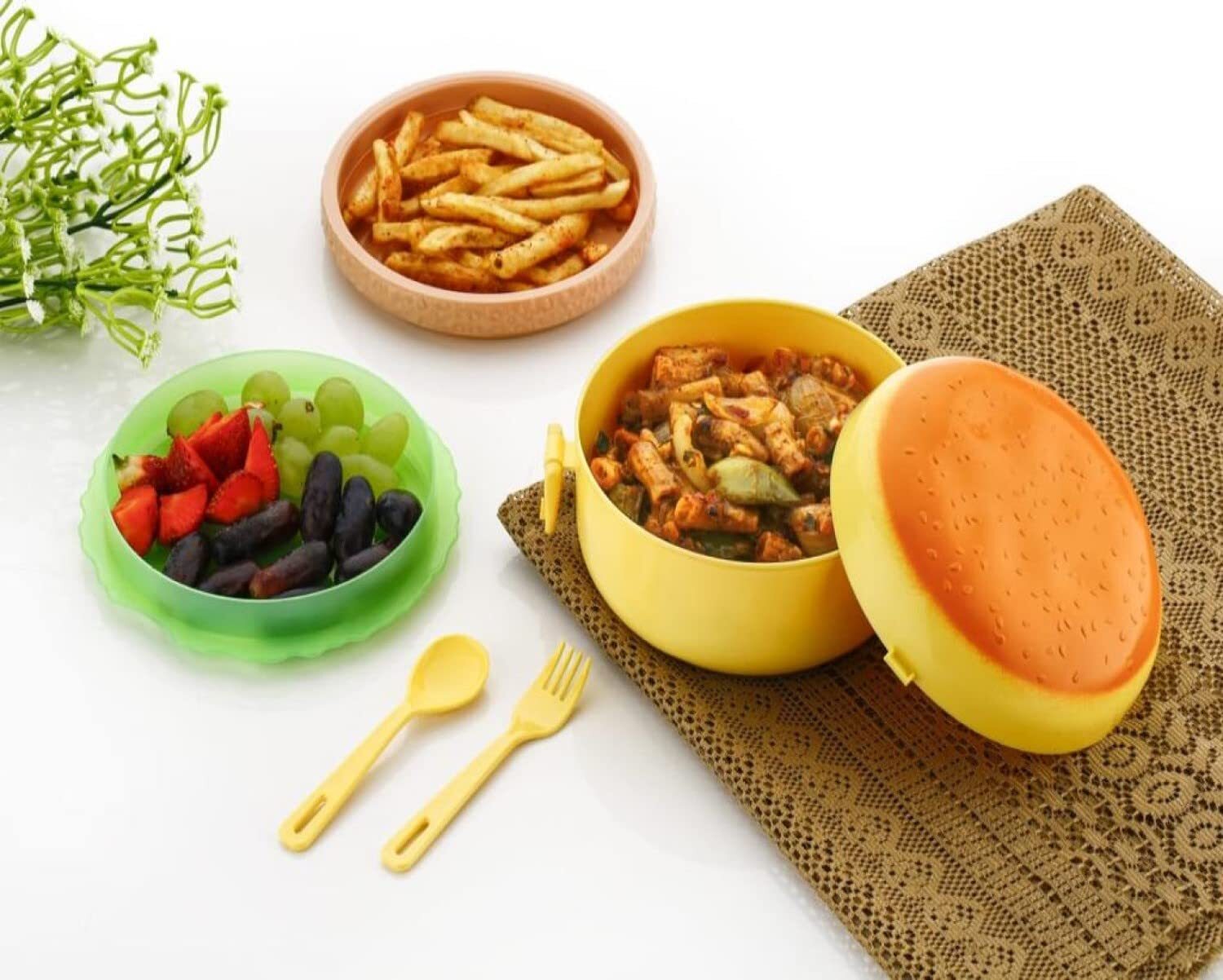 Burger Shape Lunch Box - Plastic Material, Multicolor Design | Leak Proof With Compartments, Ideal For Kids, Manual Use