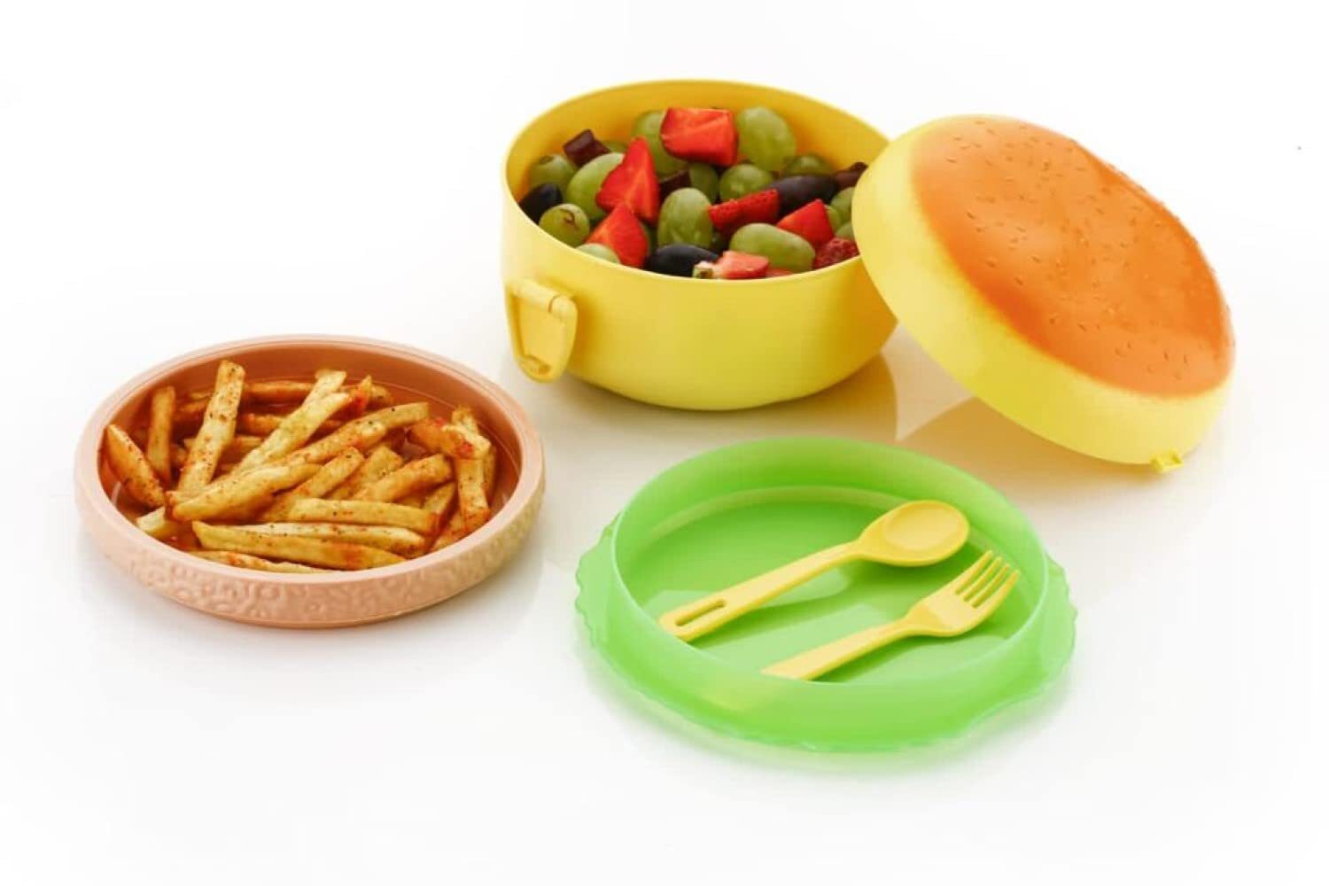Burger Shape Lunch Box - Plastic Material, Multicolor Design | Leak Proof With Compartments, Ideal For Kids, Manual Use