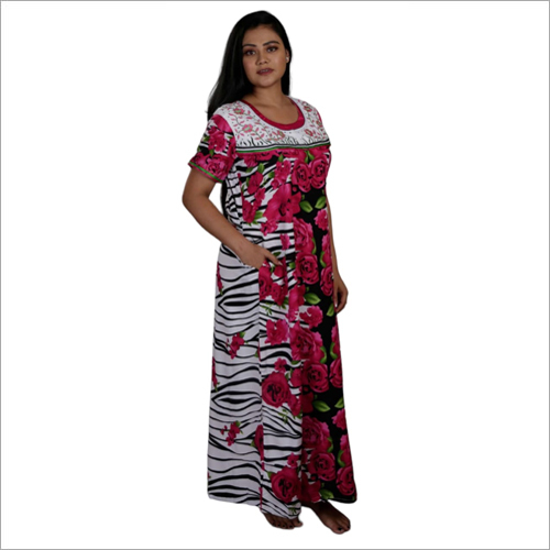 Fna 0717 32 Nighty - Cotton Blend Multicolor Zebra Print With Pink Floral Accents | Short Sleeves Summer Sleepwear For Women