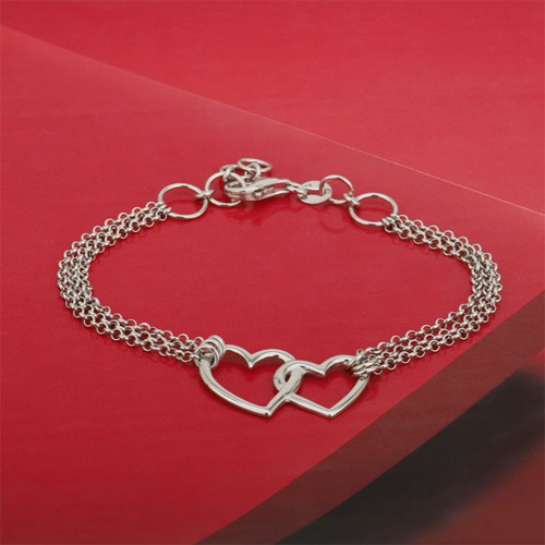 Interlocked Double Heart Multi Chain Bracelet - Silver 925 Material, Modern Style | Elegant Design For Timeless Appeal