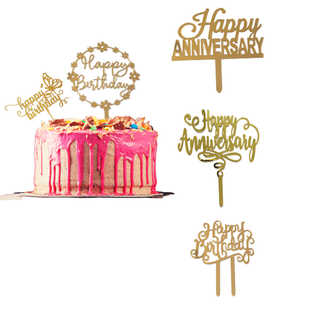 Yorkker Cake Toppers - High-quality Acrylic, 5 Pcs Including 3 Birthday And 2 Anniversary Designs, Golden Color, Durable And Reusable Decor