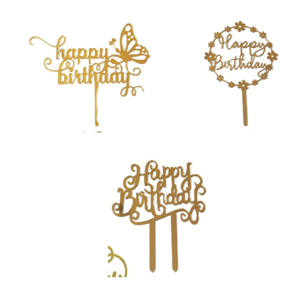Yorkker Cake Toppers - High-quality Acrylic, 5 Pcs Including 3 Birthday And 2 Anniversary Designs, Golden Color, Durable And Reusable Decor