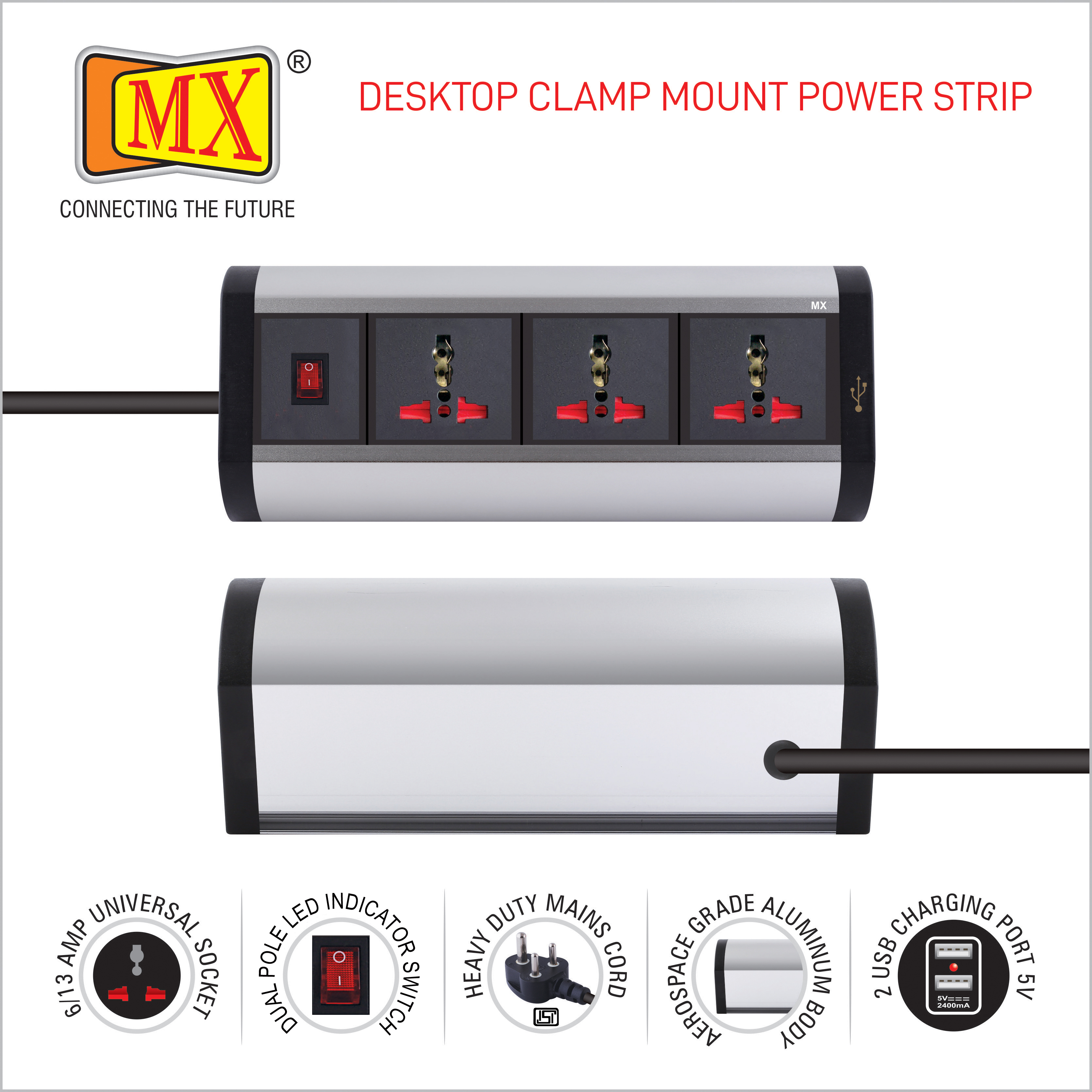 Mx Premium Power Console - Aerospace Grade Aluminum, 20x8.5x9 Cm | 3 Universal Sockets, 2 Usb Ports, 1 Year Warranty, Dual Pole Led Indicator Switch