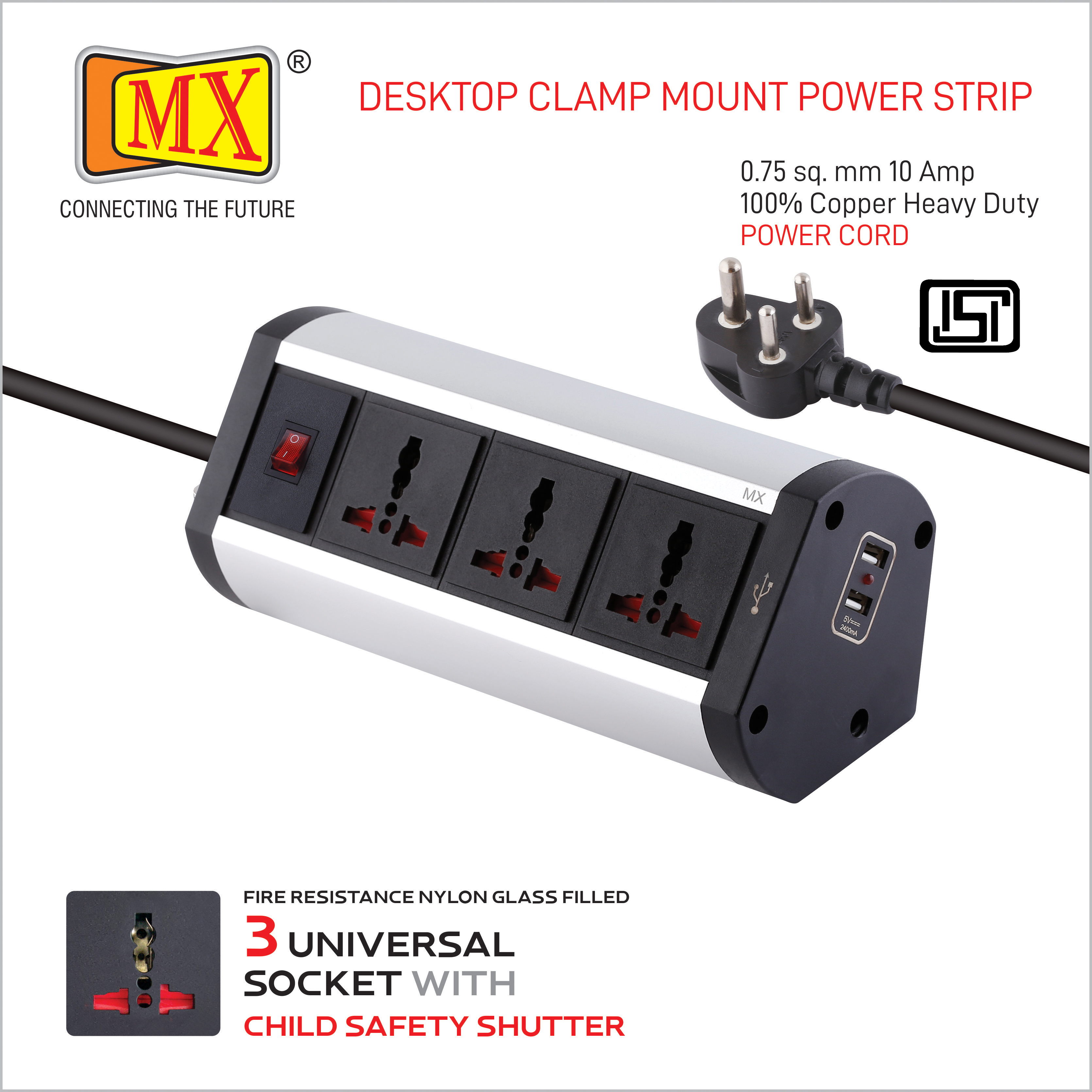 Mx Premium Power Console - Aerospace Grade Aluminum, 20x8.5x9 Cm | 3 Universal Sockets, 2 Usb Ports, 1 Year Warranty, Dual Pole Led Indicator Switch