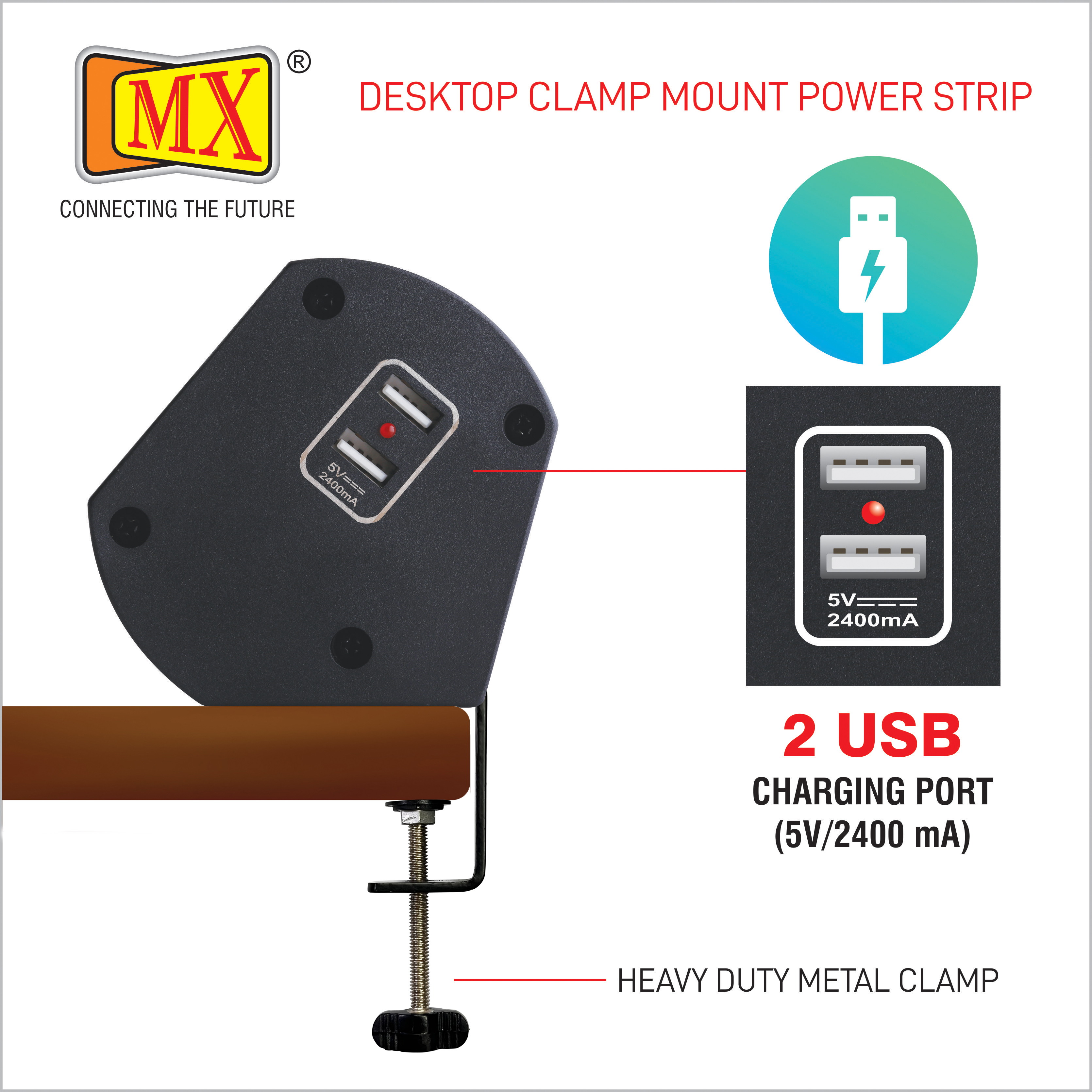 Black And Silver Mx Premium Power Console 6 Amp 4 Universal Sockets With 2 Usb Charging Port Extension Board With Removable Desk Clamp Power Strip Master Switch 1.5m 3 Pin Plug Extension Cord (Mx-4175 1.5mtr)