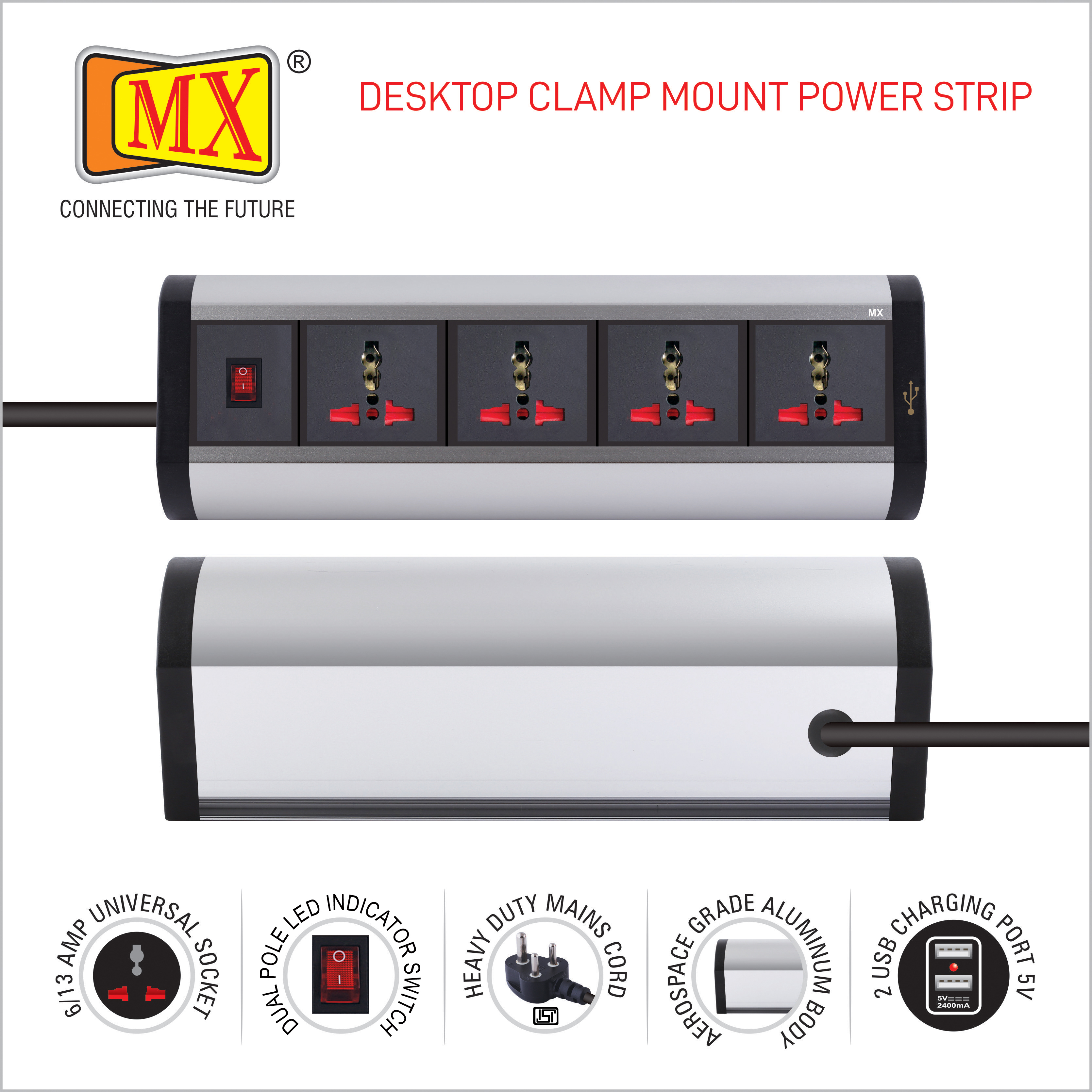 Black And Silver Mx Premium Power Console 6 Amp 4 Universal Sockets With 2 Usb Charging Port Extension Board With Removable Desk Clamp Power Strip Master Switch 1.5m 3 Pin Plug Extension Cord (Mx-4175 1.5mtr)