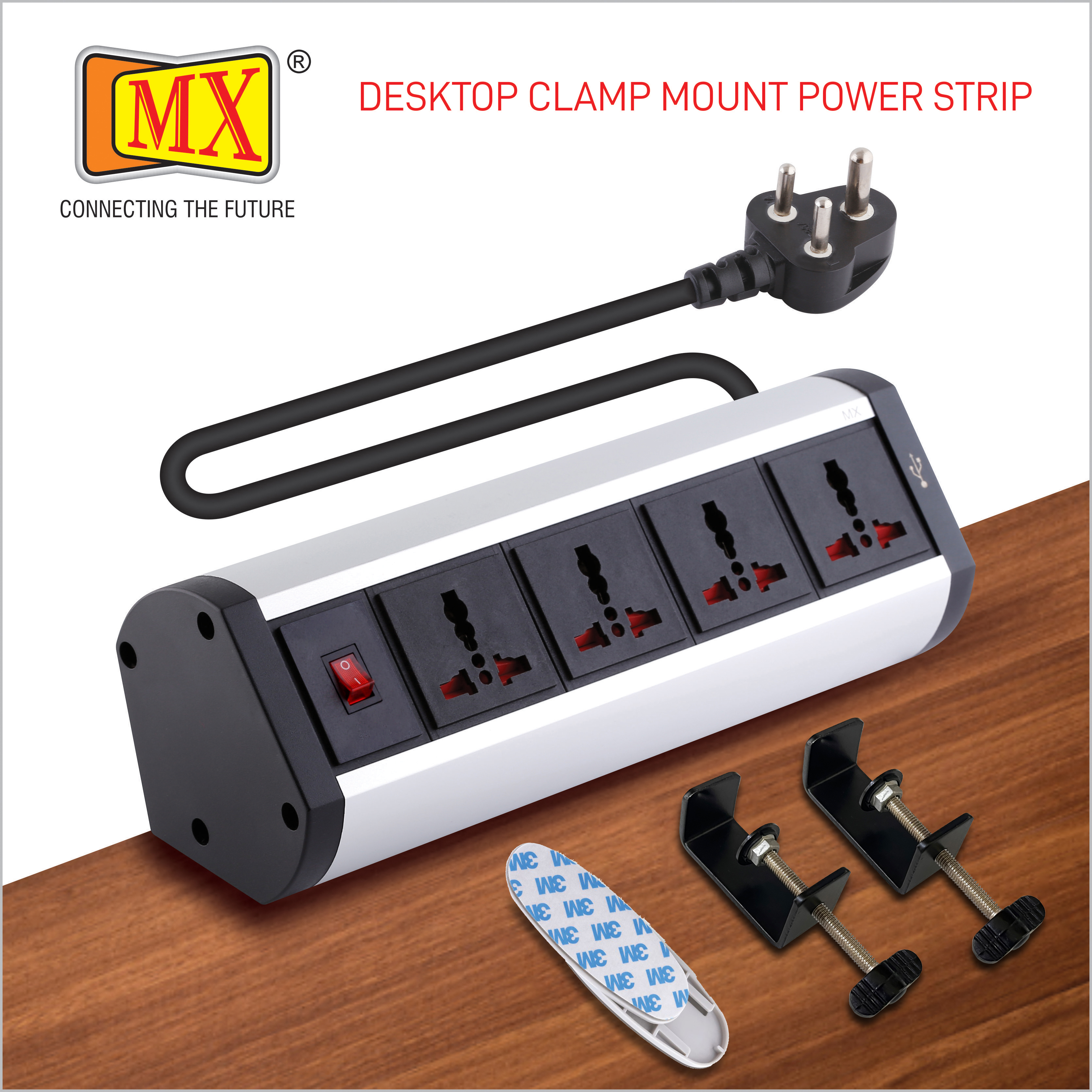 Black And Silver Mx Premium Power Console 6 Amp 4 Universal Sockets With 2 Usb Charging Port Extension Board With Removable Desk Clamp Power Strip Master Switch 1.5m 3 Pin Plug Extension Cord (Mx-4175 1.5mtr)