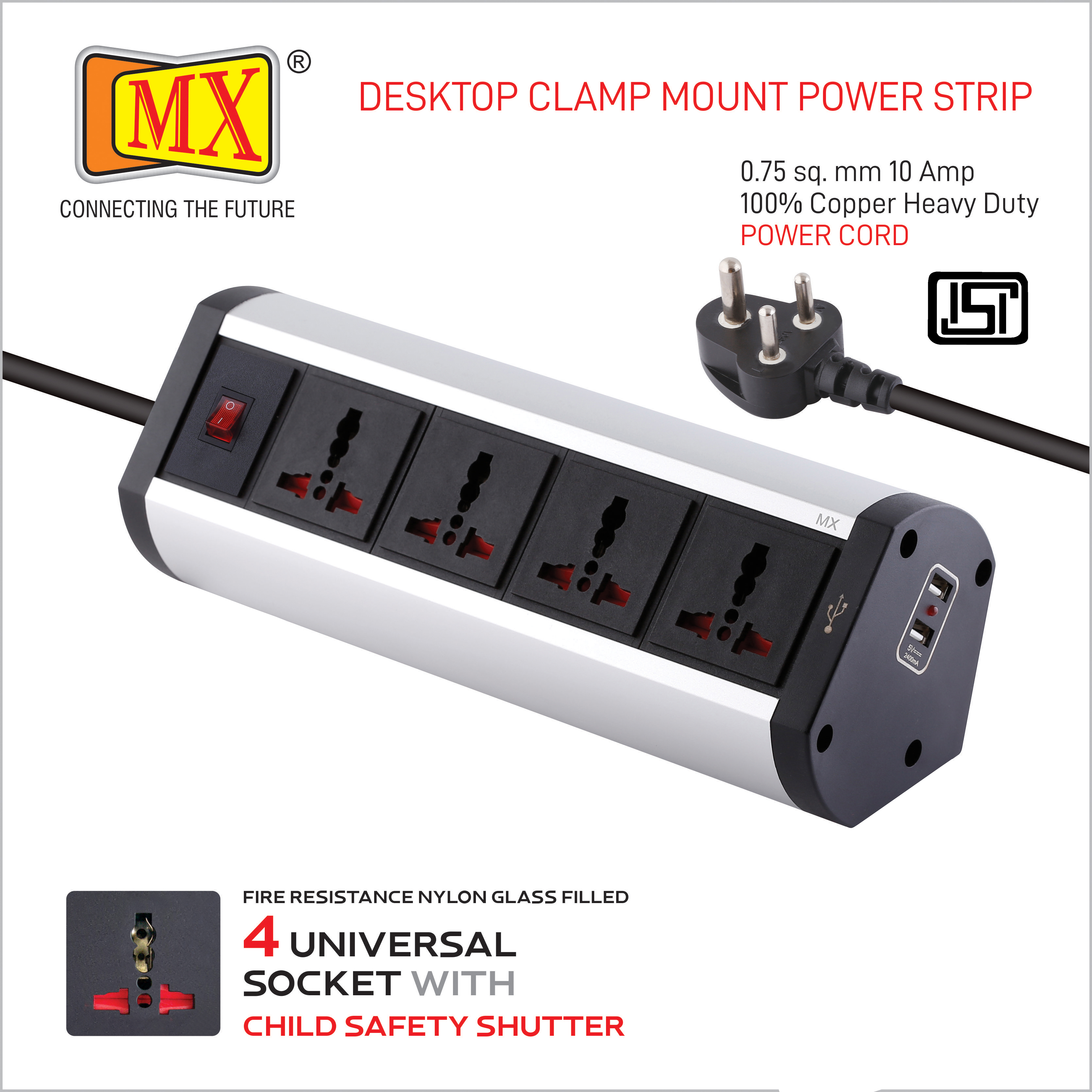 Black And Silver Mx Premium Power Console 6 Amp 4 Universal Sockets With 2 Usb Charging Port Extension Board With Removable Desk Clamp Power Strip Master Switch 1.5m 3 Pin Plug Extension Cord (Mx-4175 1.5mtr)