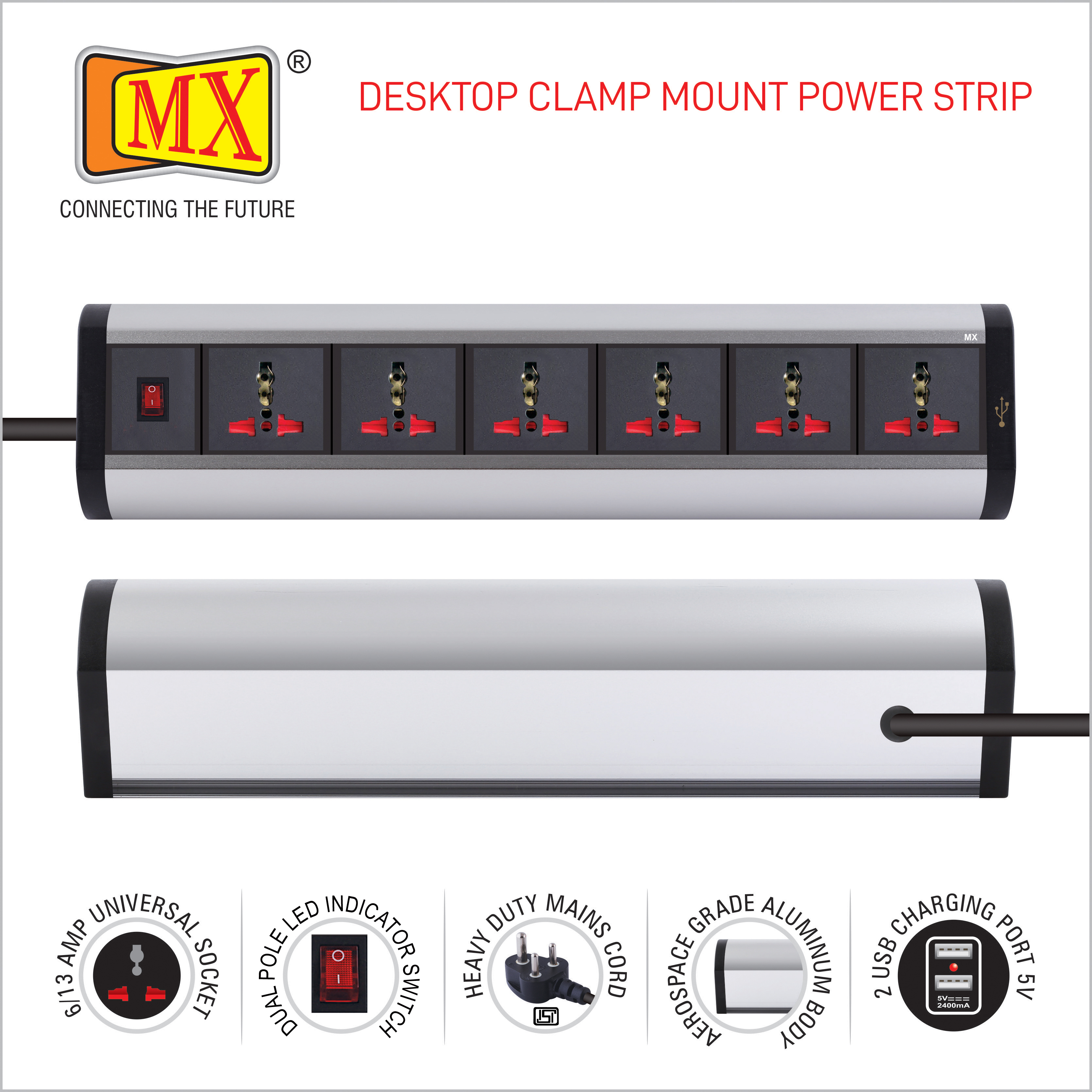 Mx Premium Power Console 6 Amp 6 Universal Sockets With 2 Usb Charging Port Extension Board With Removable Desk Clamp Power Strip Master Switch 1.5m 3 Pin Plug Extension Cord (Mx-4176 1.5mtr)