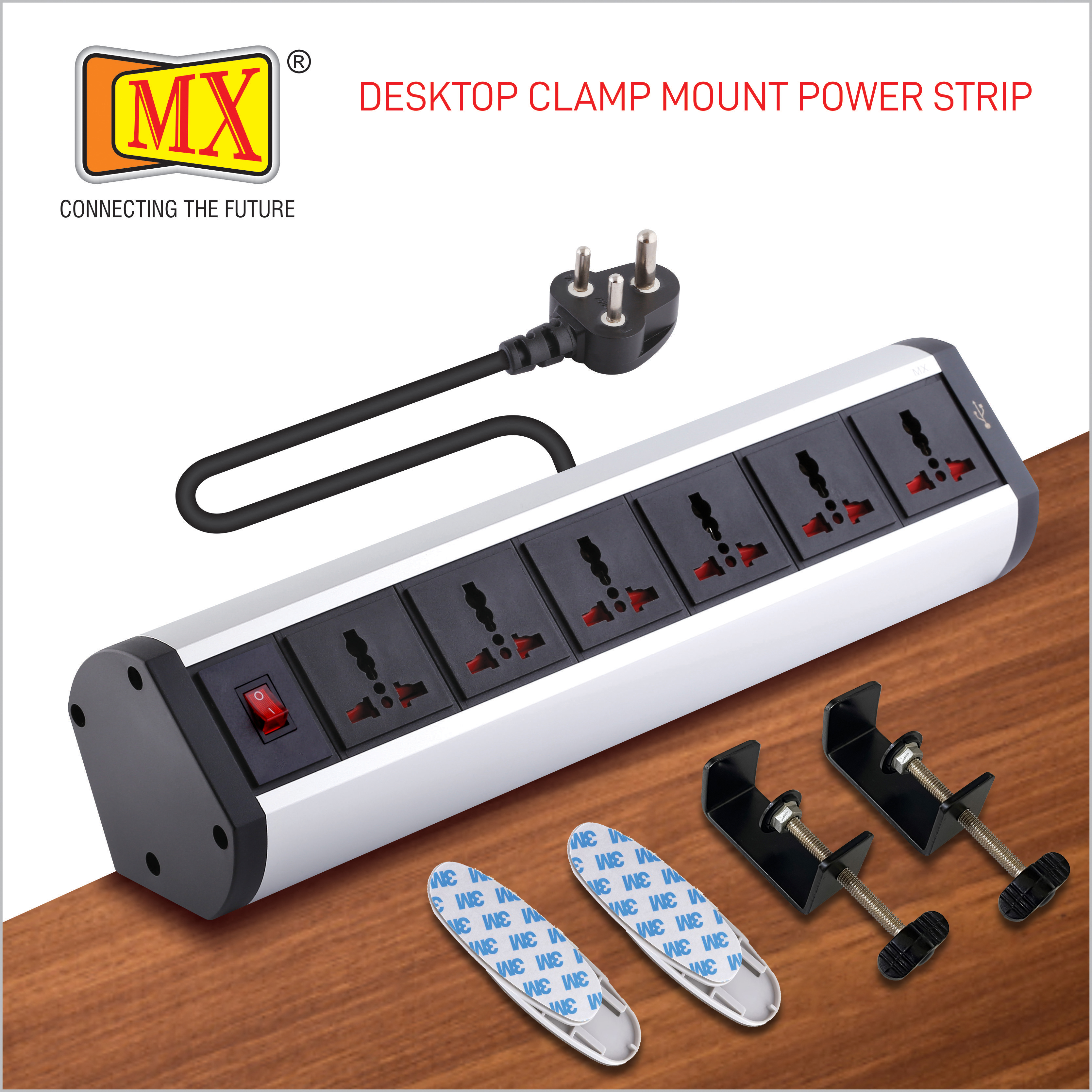 Mx Premium Power Console 6 Amp 6 Universal Sockets With 2 Usb Charging Port Extension Board With Removable Desk Clamp Power Strip Master Switch 1.5m 3 Pin Plug Extension Cord (Mx-4176 1.5mtr)