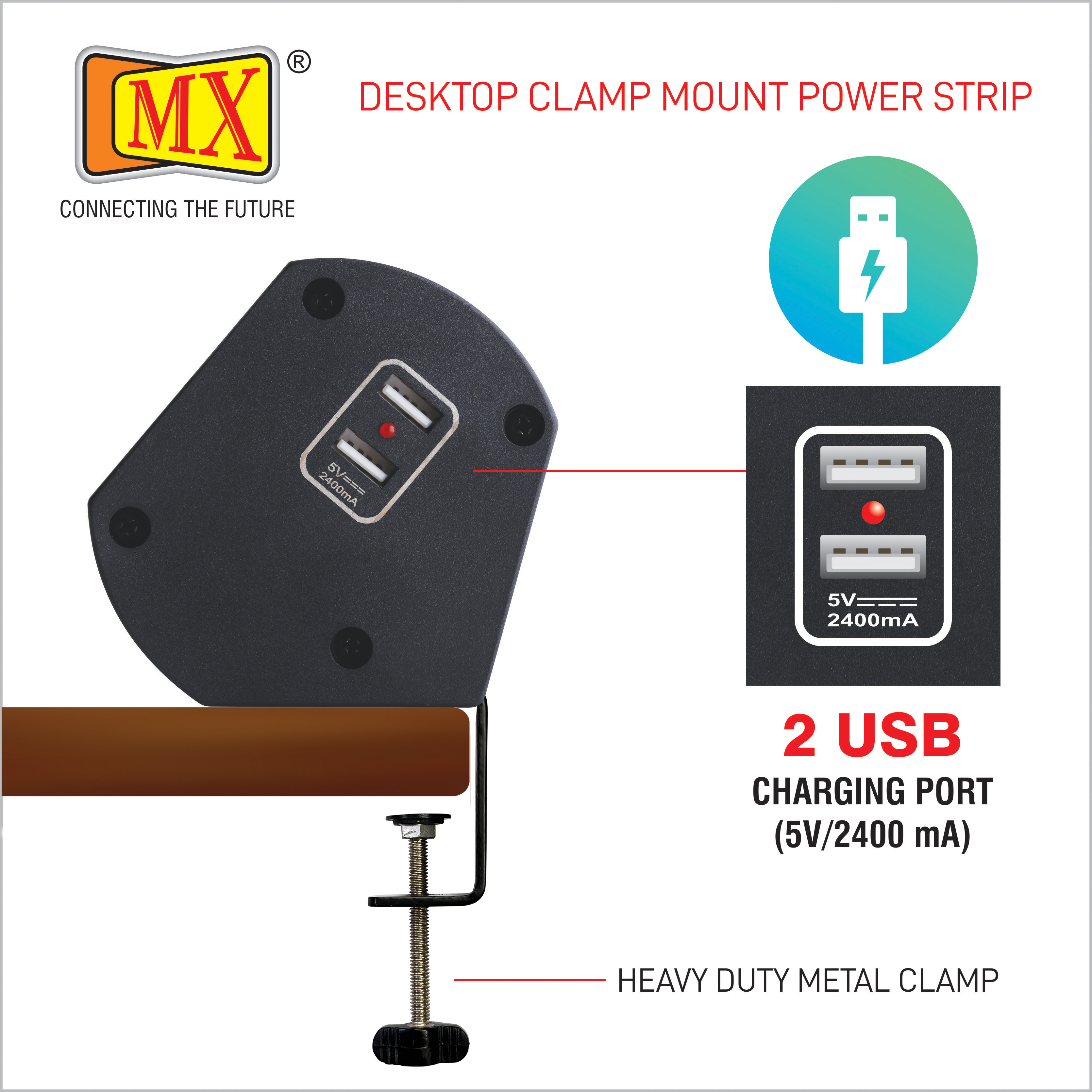 Mx Premium Power Console 6 Amp 6 Universal Sockets With 2 Usb Charging Port Extension Board With Removable Desk Clamp Power Strip Master Switch 1.5m 3 Pin Plug Extension Cord (Mx-4176 1.5mtr)