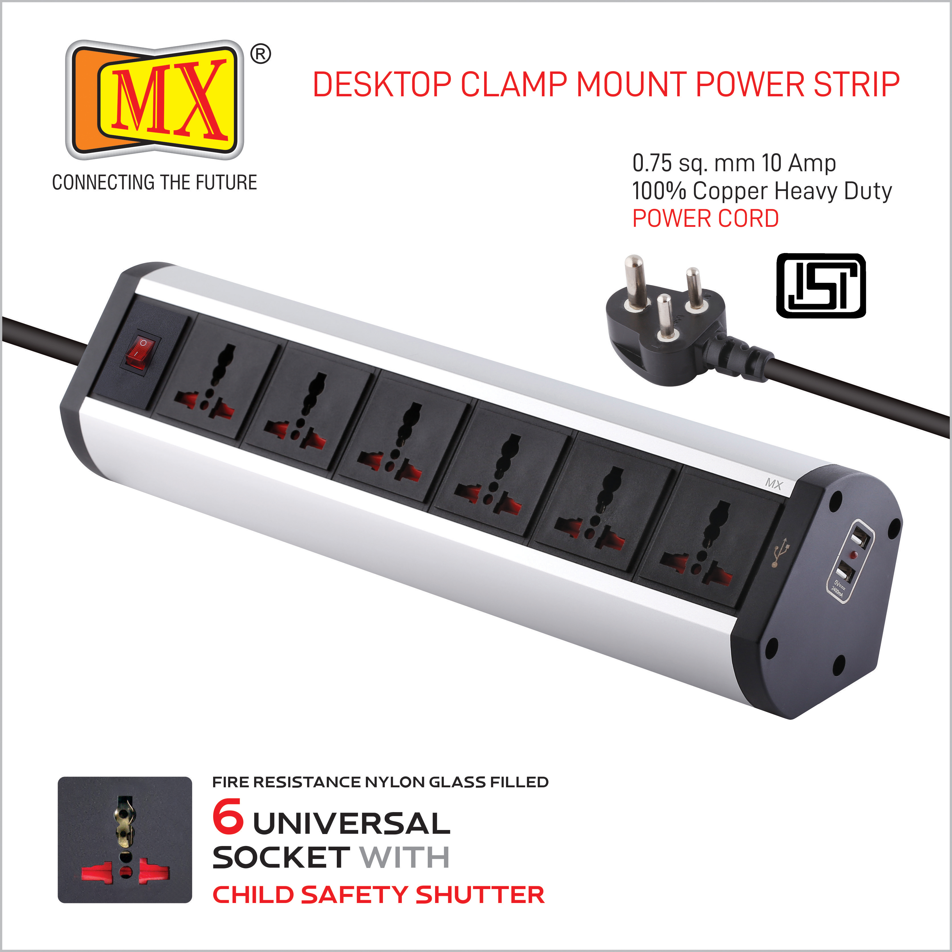 Mx Premium Power Console 6 Amp 6 Universal Sockets With 2 Usb Charging Port Extension Board With Removable Desk Clamp Power Strip Master Switch 1.5m 3 Pin Plug Extension Cord (Mx-4176 1.5mtr)