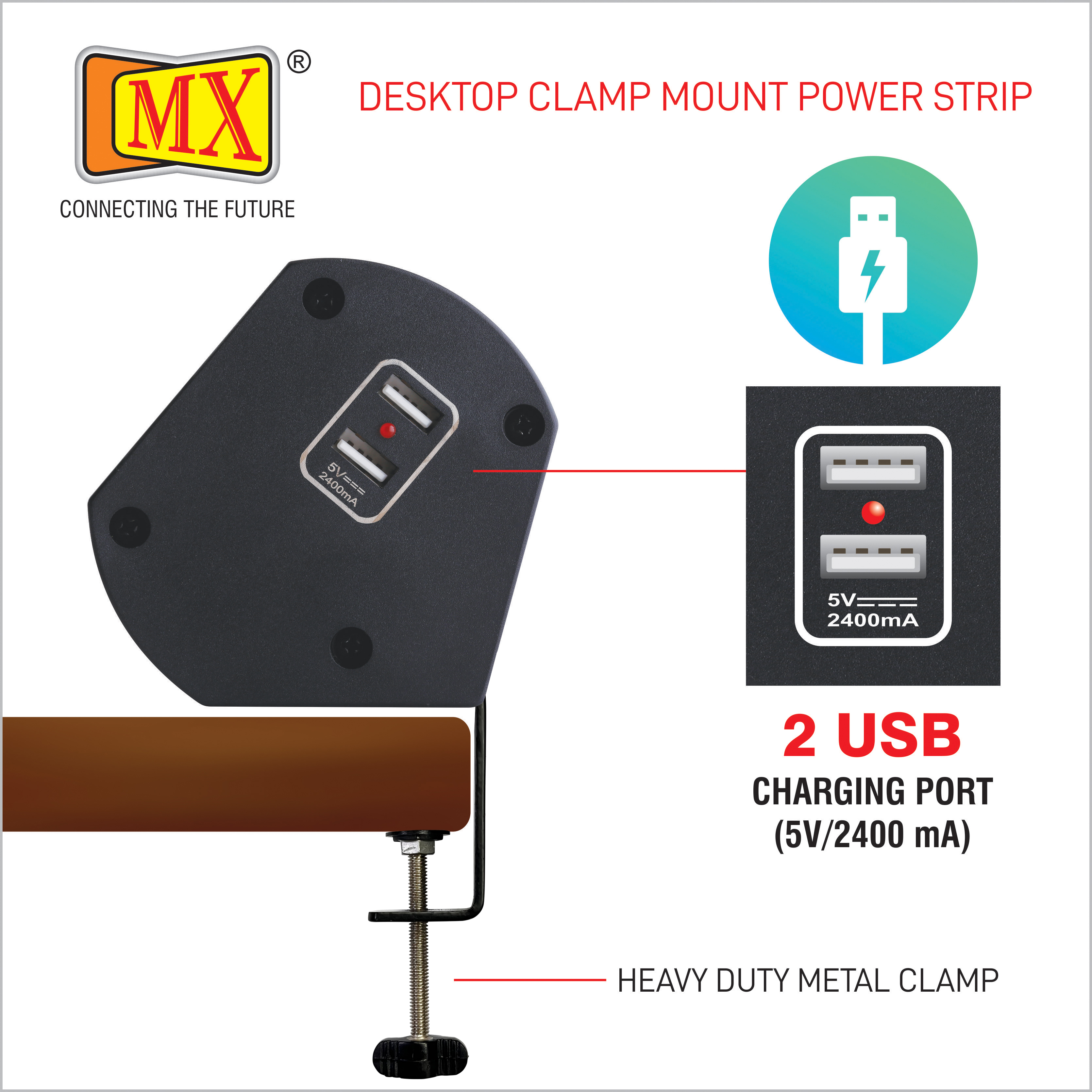 Black And Silver Mx Premium Power Console 16 Amp 2 Universal Sockets With 2 Usb Charging Port Extension Board With Removable Desk Clamp Power Strip Master Switch 1.5m 3 Pin Plug Extension Cord (Mx-4177 1.5mtr)