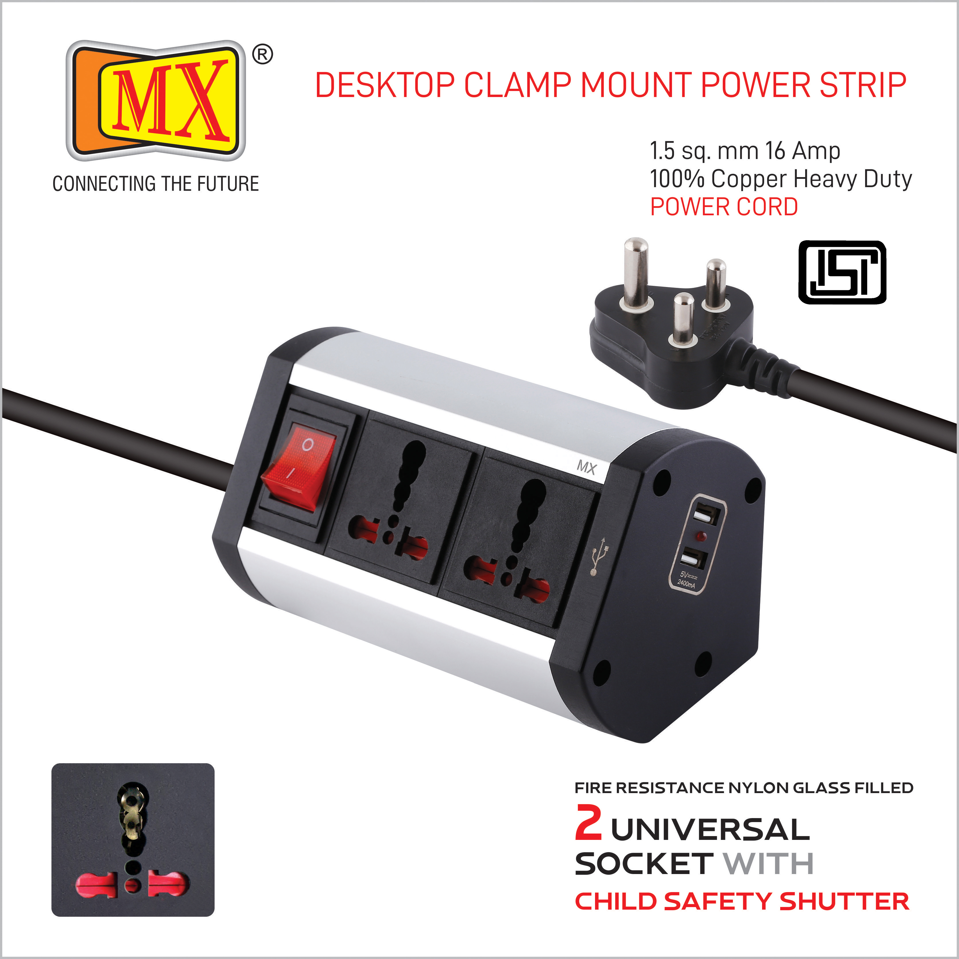 Black And Silver Mx Premium Power Console 16 Amp 2 Universal Sockets With 2 Usb Charging Port Extension Board With Removable Desk Clamp Power Strip Master Switch 1.5m 3 Pin Plug Extension Cord (Mx-4177 1.5mtr)