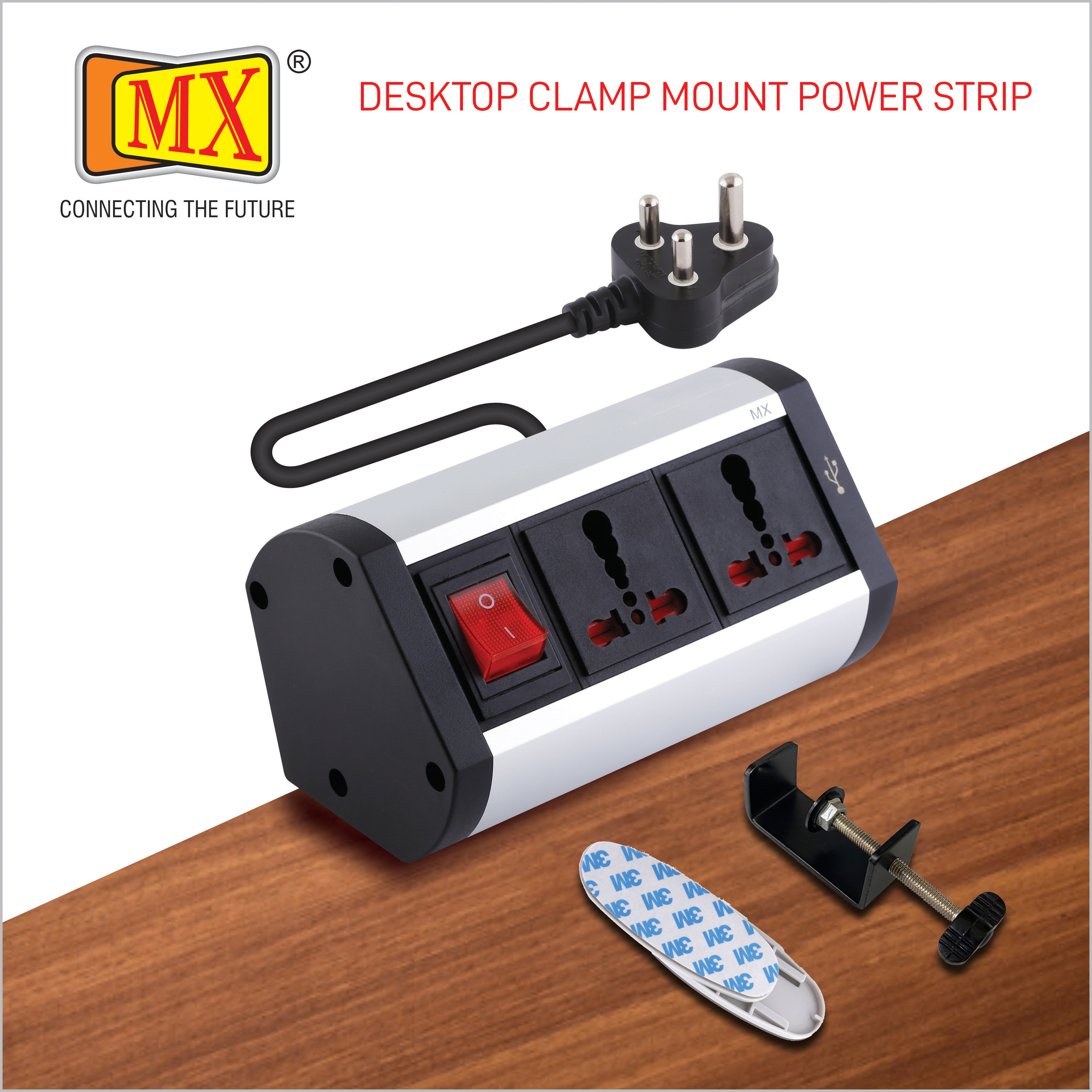 Black And Silver Mx Premium Power Console 16 Amp 2 Universal Sockets With 2 Usb Charging Port Extension Board With Removable Desk Clamp Power Strip Master Switch 1.5m 3 Pin Plug Extension Cord (Mx-4177 1.5mtr)