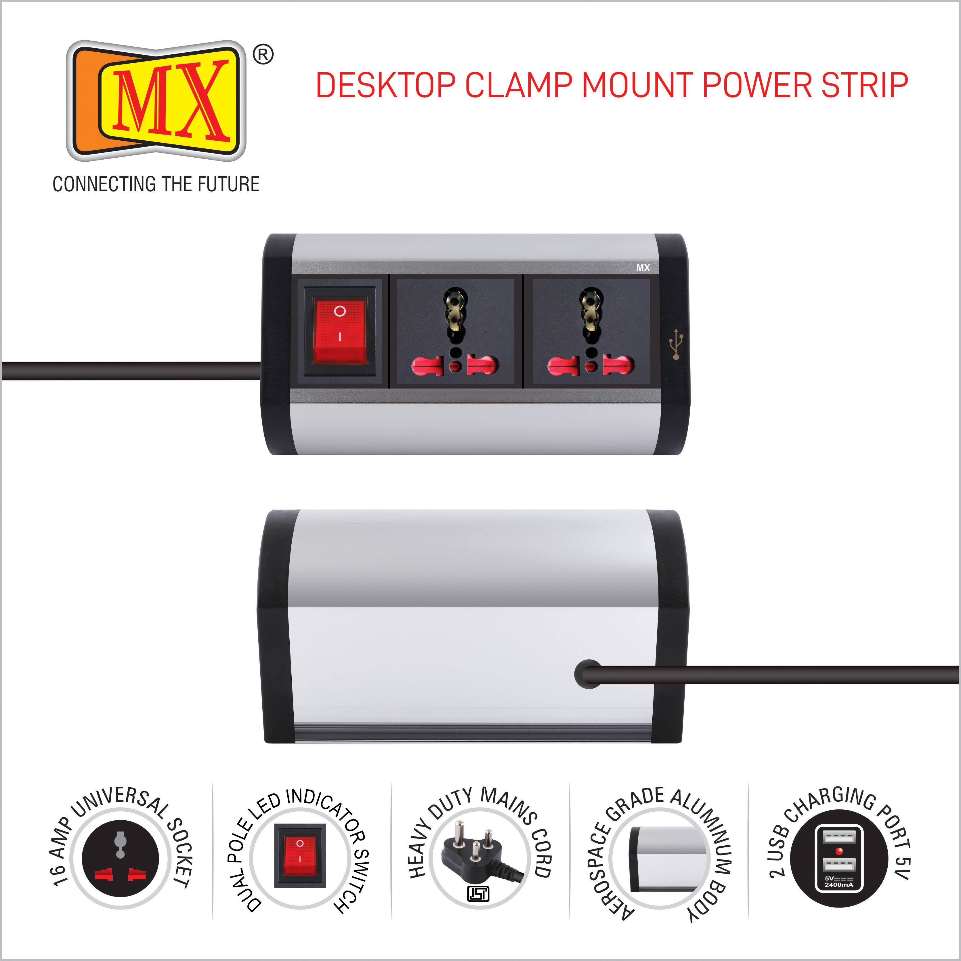 Black And Silver Mx Premium Power Console 16 Amp 2 Universal Sockets With 2 Usb Charging Port Extension Board With Removable Desk Clamp Power Strip Master Switch 1.5m 3 Pin Plug Extension Cord (Mx-4177 1.5mtr)
