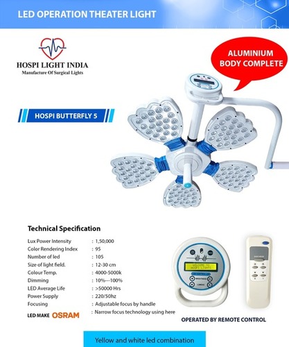 Surgical Light - 150000 Lux Brightness, 595 Mm Diameter | Led, Digital Controller, Adjustable Focus, Memory Function, Multi-color Illumination
