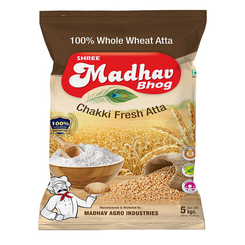 Chakki Atta Laminated Packaging Pouch - LD Heat Seal, 18x8 Inch, Multicolor, 5 Kg Capacity, Glossy Finish, 75 Micron Thickness, Soft Pouch, 3-Side Seal