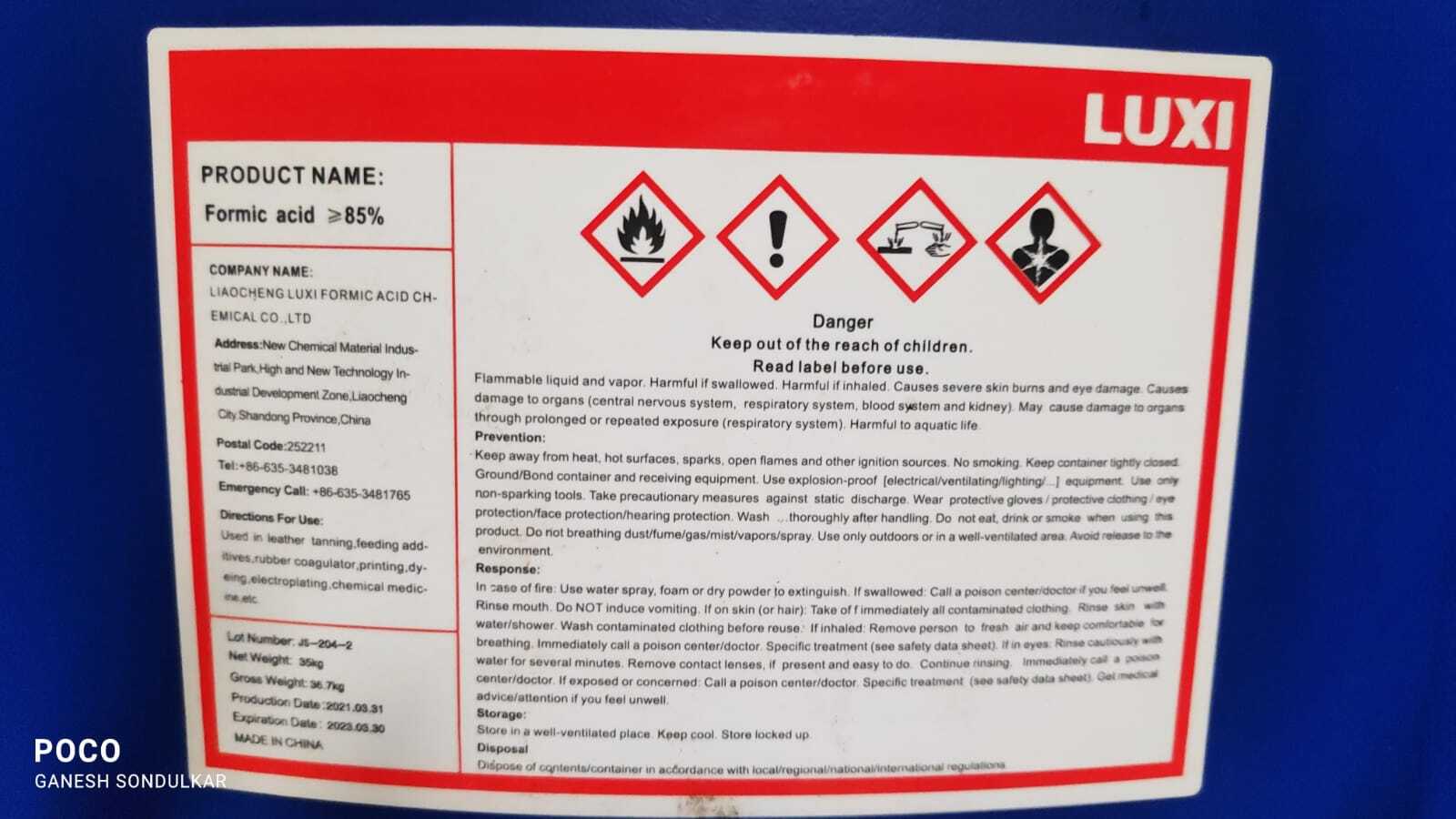 Formic Acid 85% Boiling Point: 100.8 A C (213.4 A F; 373.9 K)