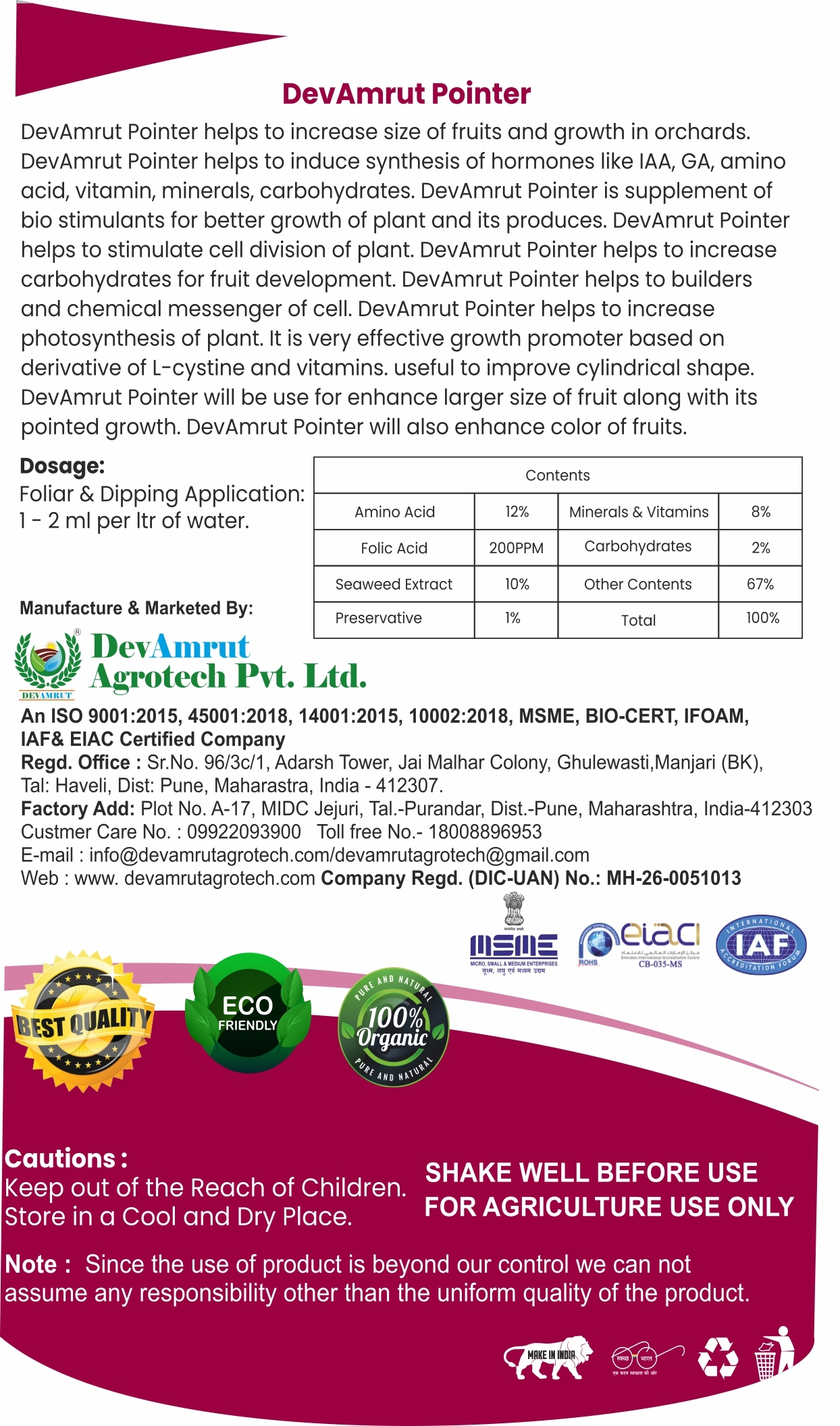 Devamrut Pointer - Selective Amino Acids, Folic Acid, Micro Elements, Vitamins Complex | Organic Liquid Growth Promoter For Enhanced Fruit Size And Color